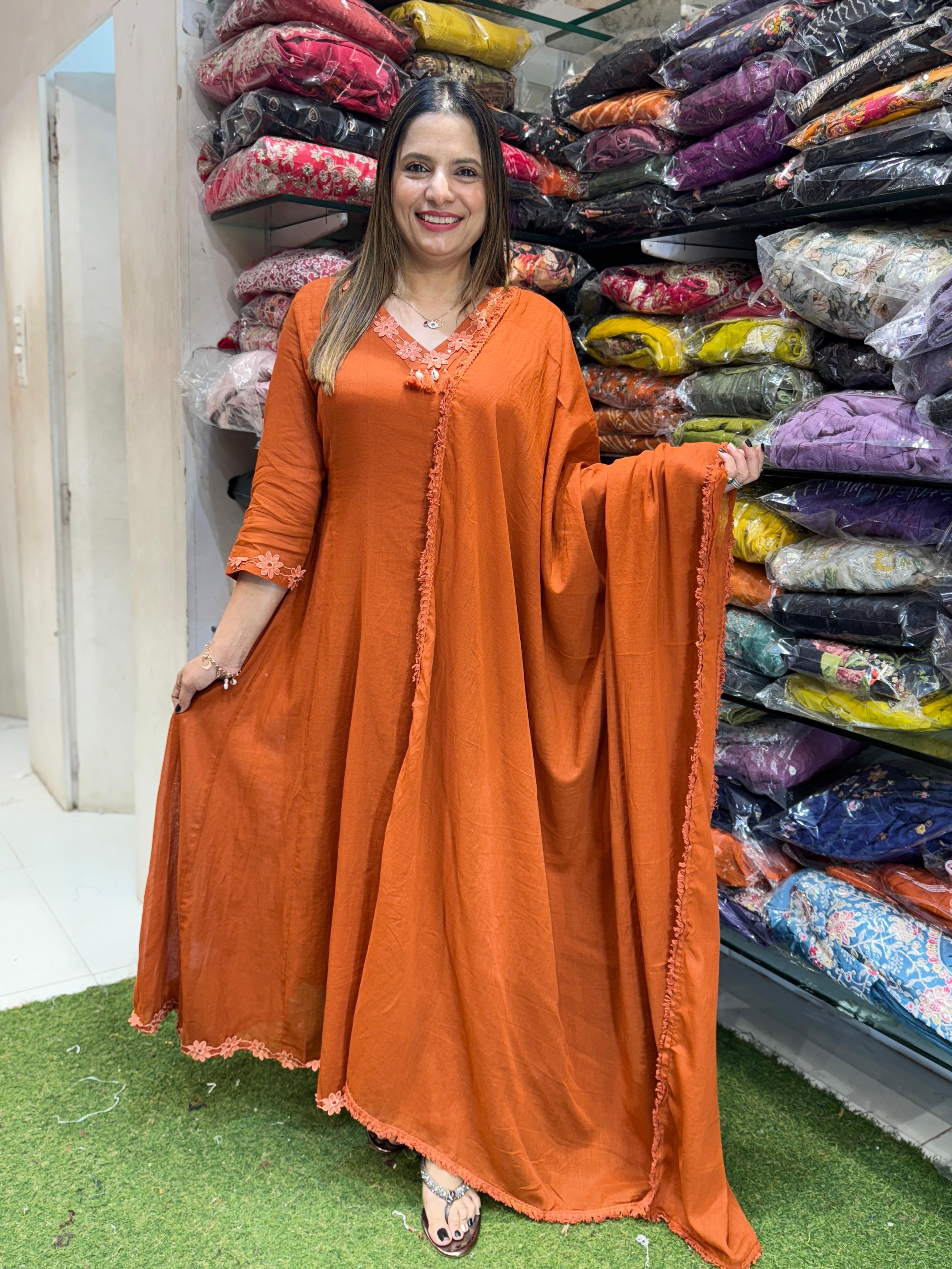 Mull Cotton Anarkali Orange 3pc Set