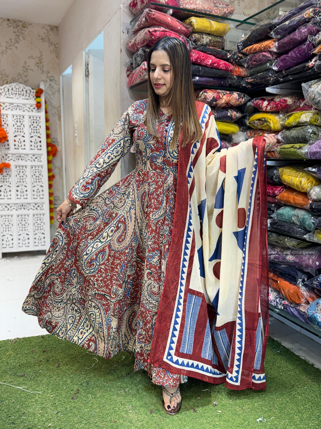 Cotton Cream And Maroon Anarkali 3pc Set