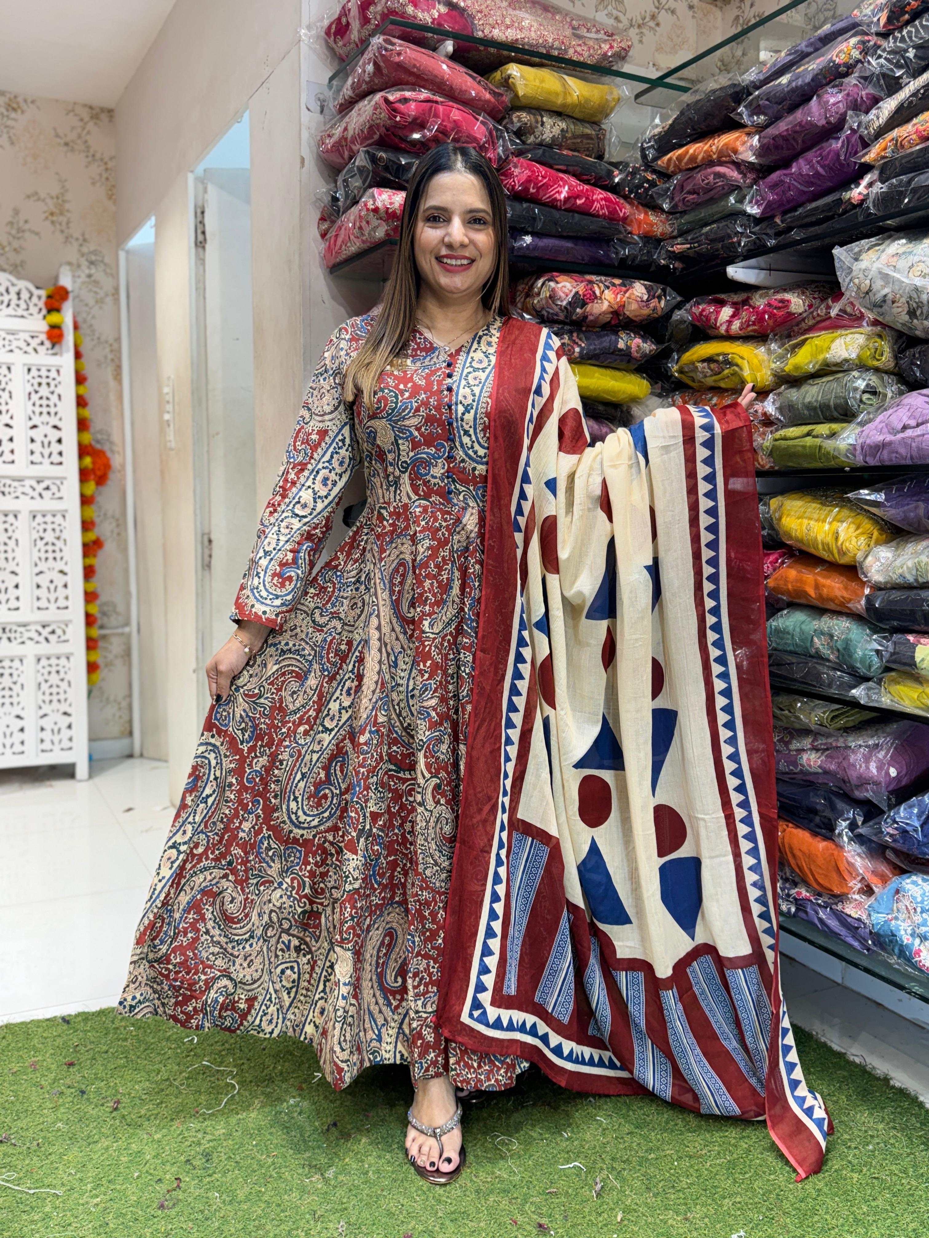 Cotton Cream And Maroon Anarkali 3pc Set
