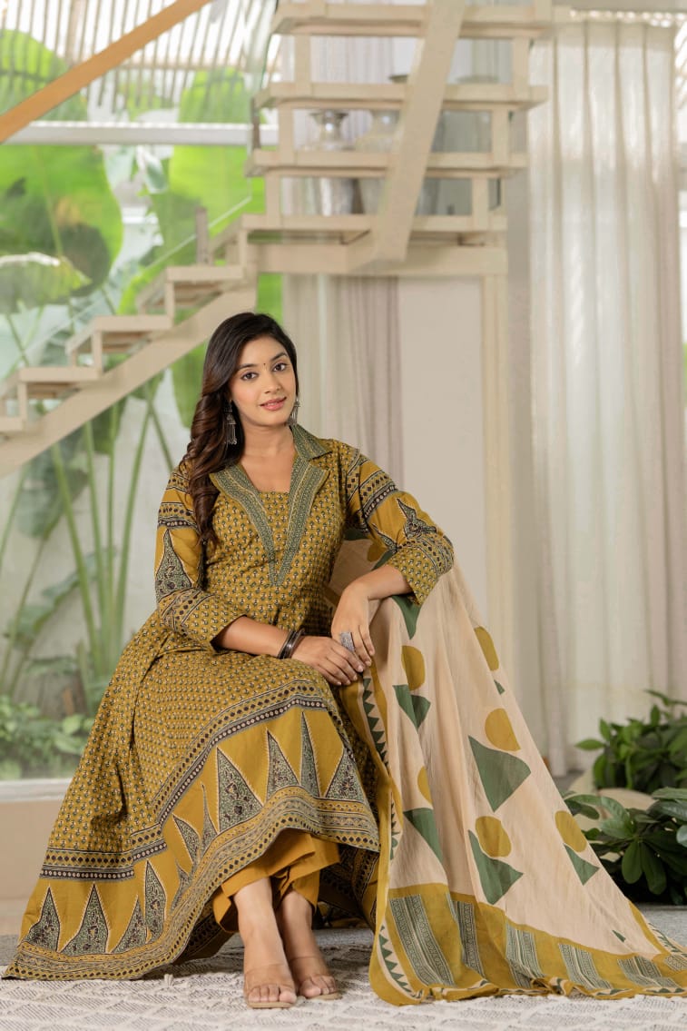 Cotton Yellow Anarkali 3pc Set