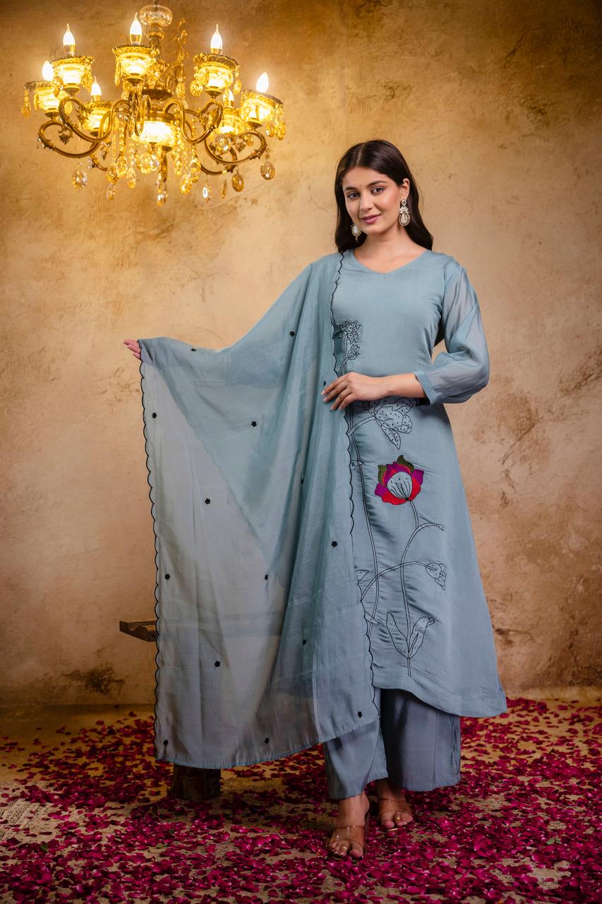 Mull Chanderi Sea Green 3pc Set