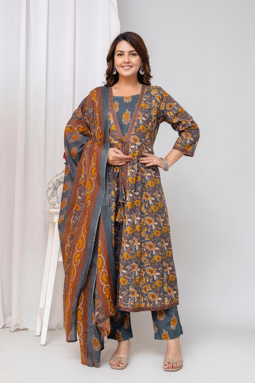 Cotton Gray Anarkali 3pc Set