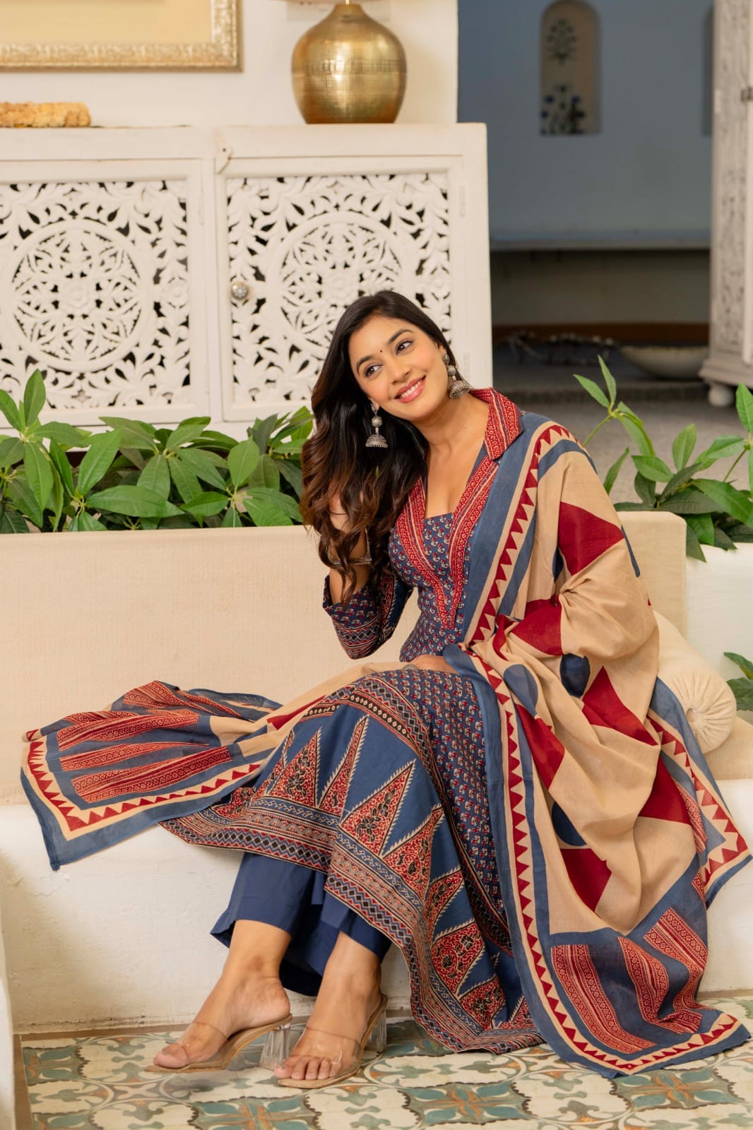 Cotton Blue Anarkali 3pc Set