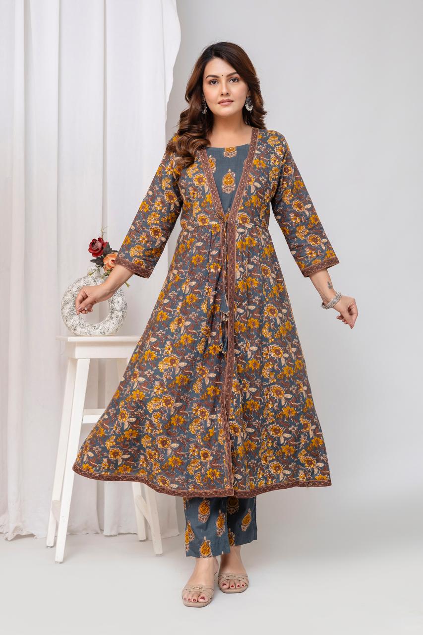 Cotton Gray Anarkali 3pc Set