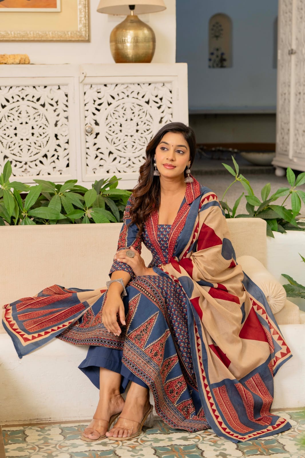 Cotton Blue Anarkali 3pc Set