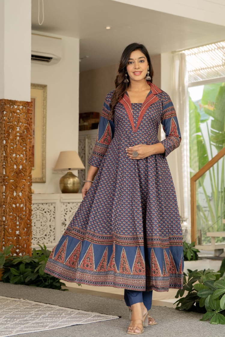 Cotton Blue Anarkali 3pc Set
