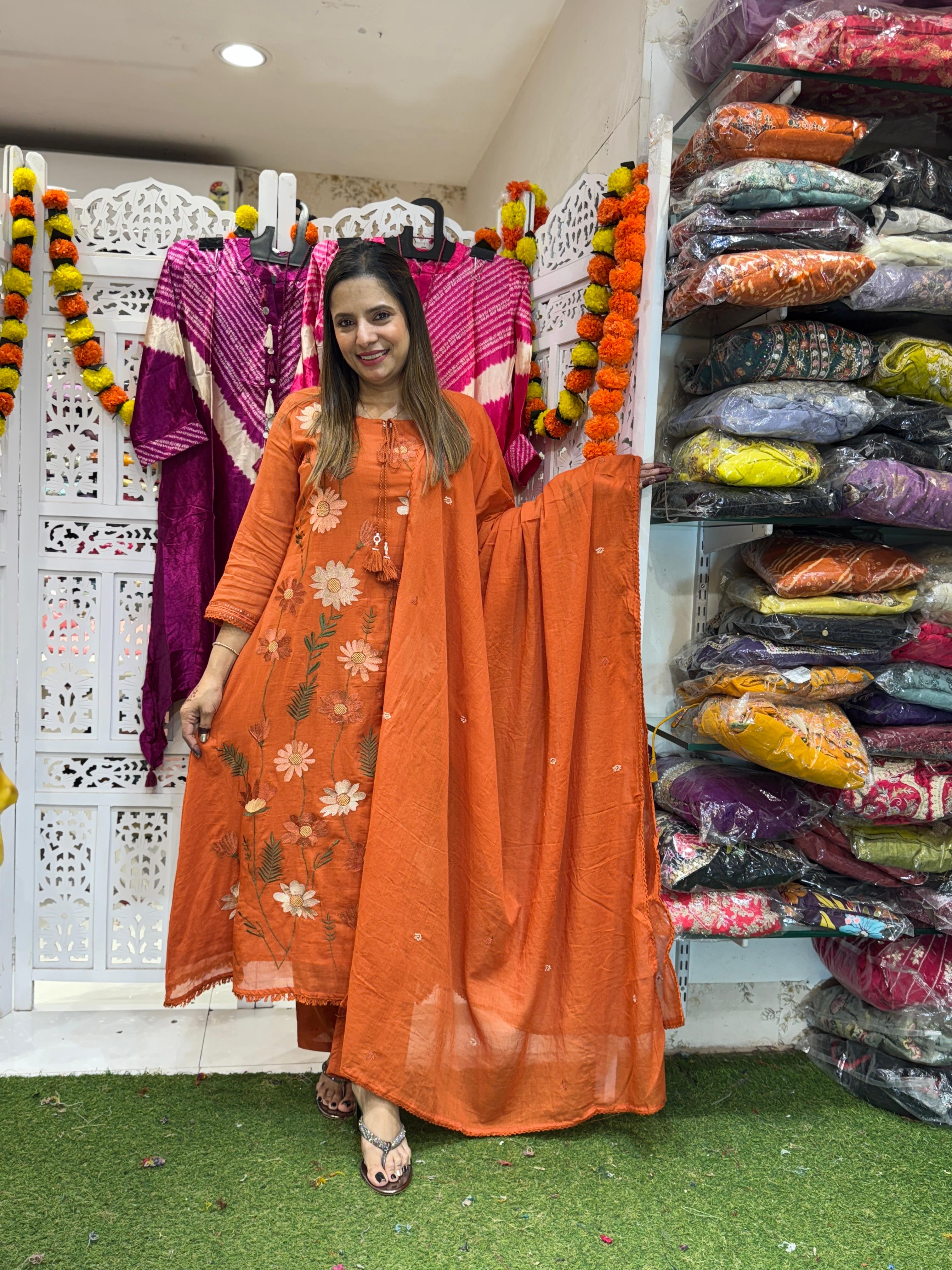 Mull Cotton Orange Anarkali 3pc Set