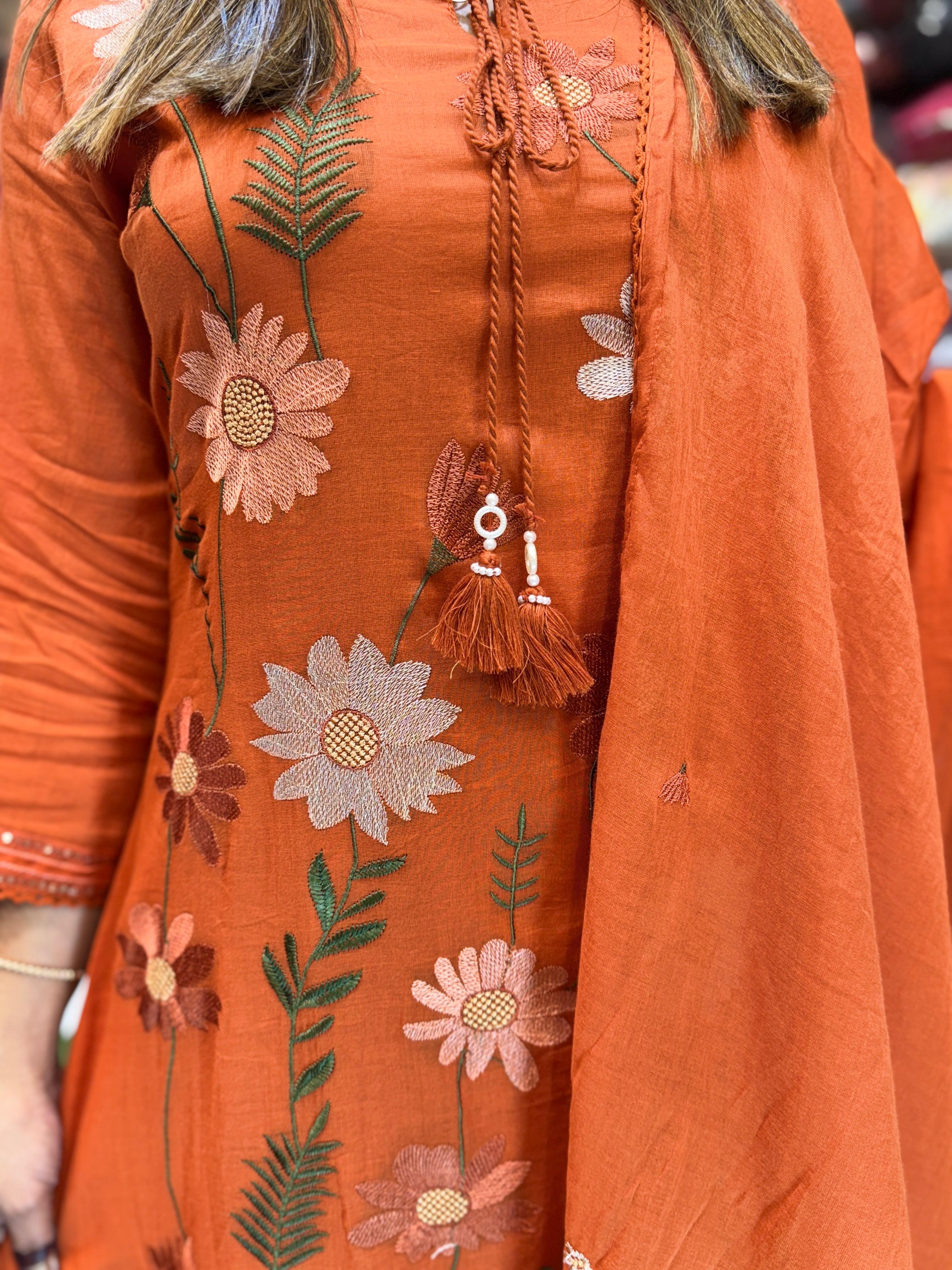 Mull Cotton Orange Anarkali 3pc Set