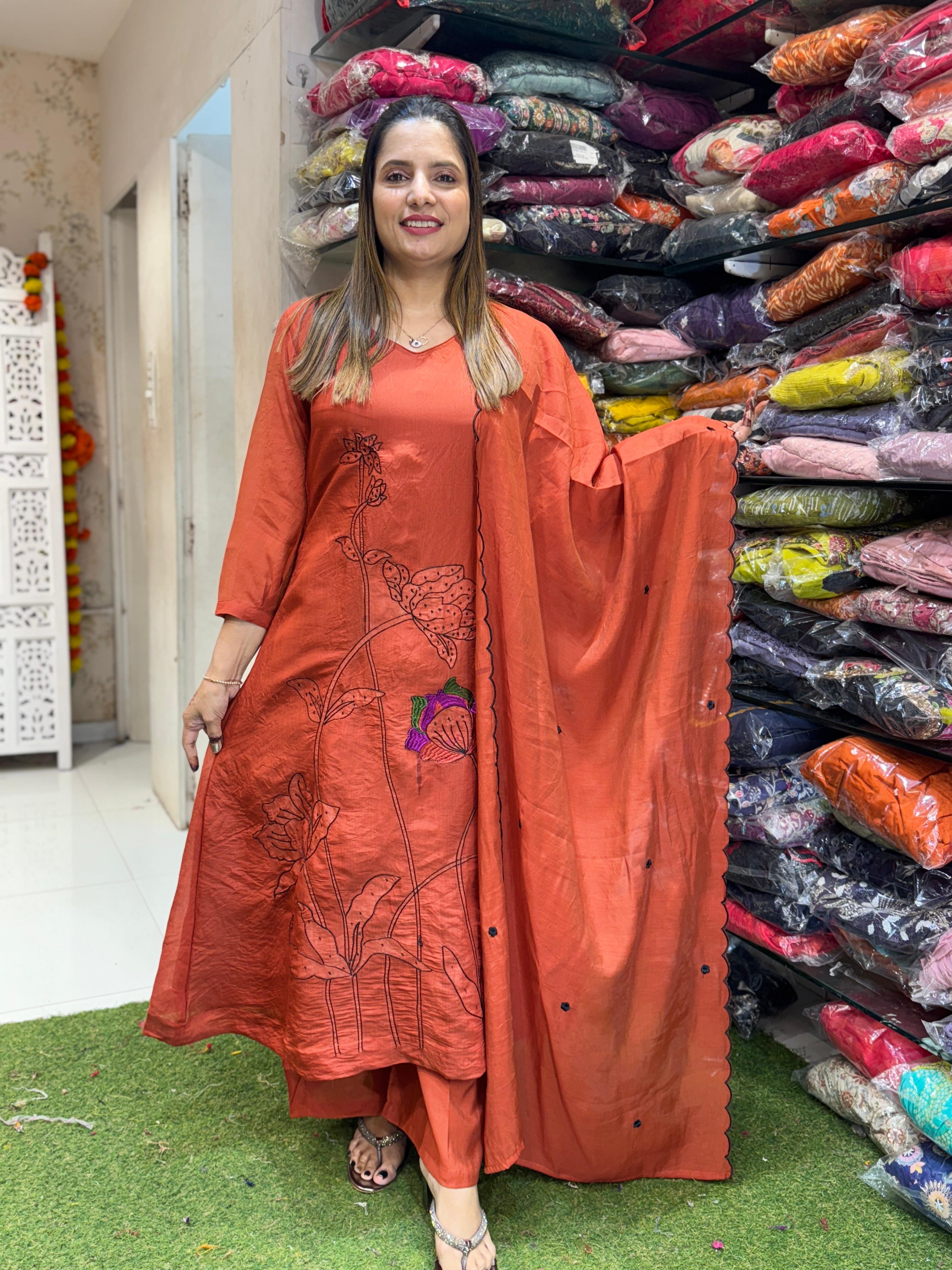 Mull Chanderi Orange 3pc Set