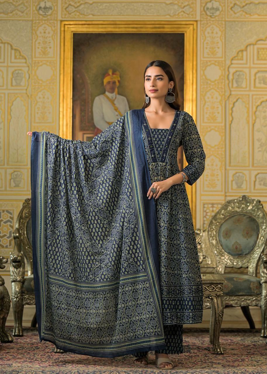 Jaipuri Cotton Anarkali Blue 3pc Set