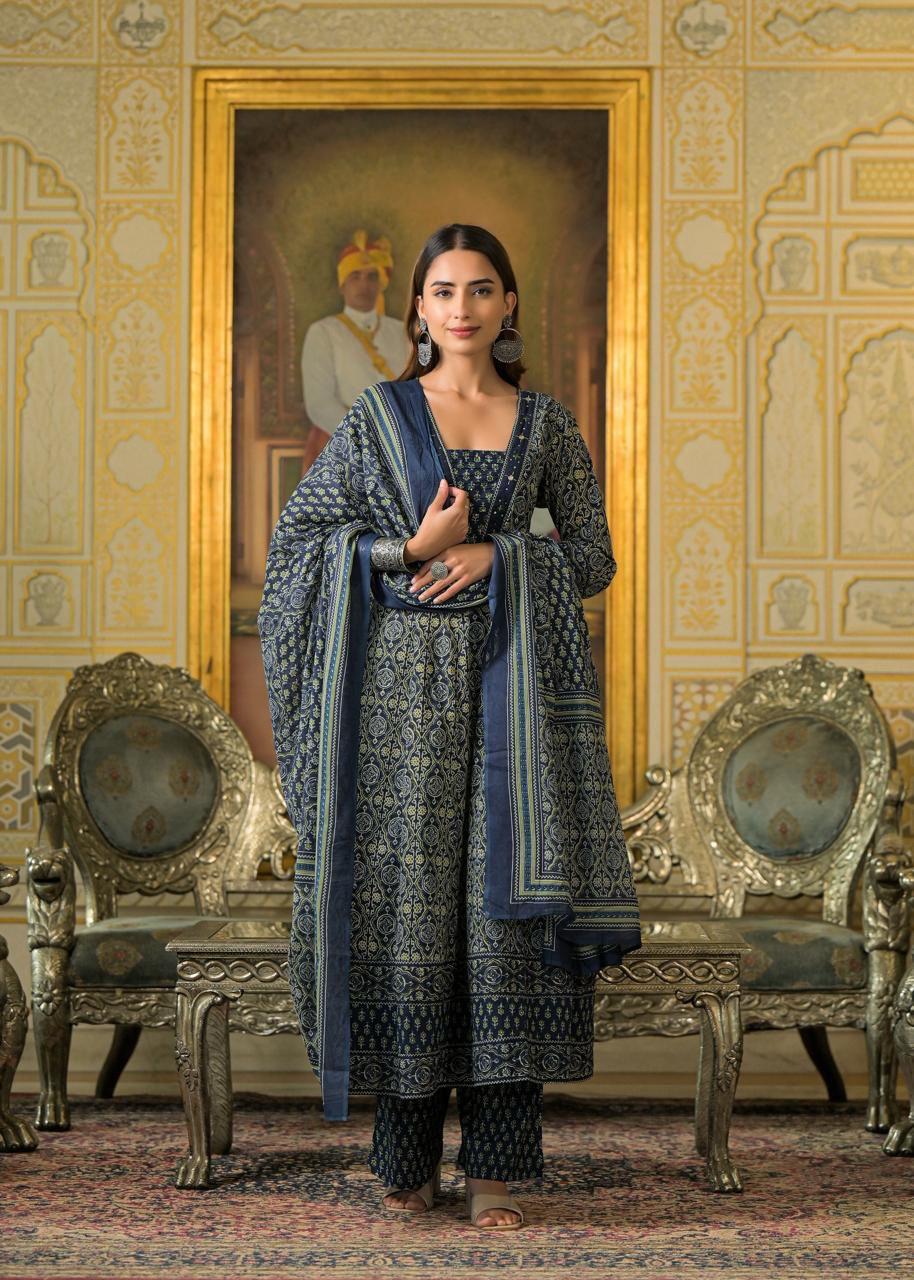 Jaipuri Cotton Anarkali Blue 3pc Set