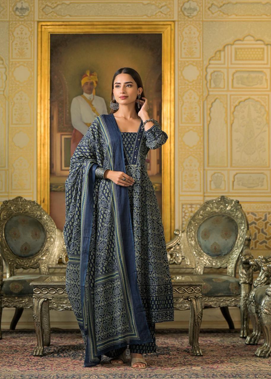 Jaipuri Cotton Anarkali Blue 3pc Set
