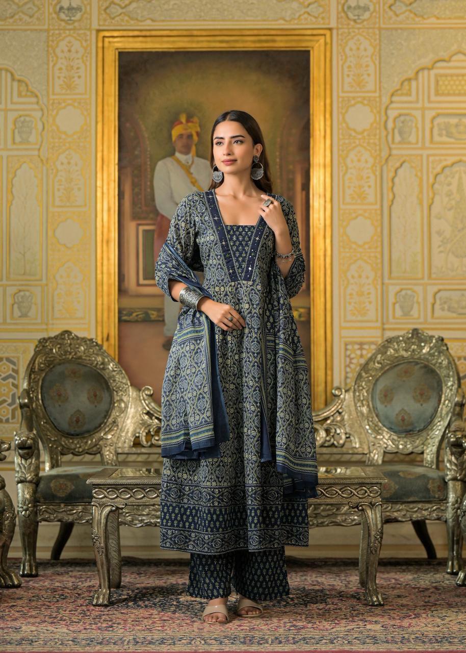 Jaipuri Cotton Anarkali Blue 3pc Set