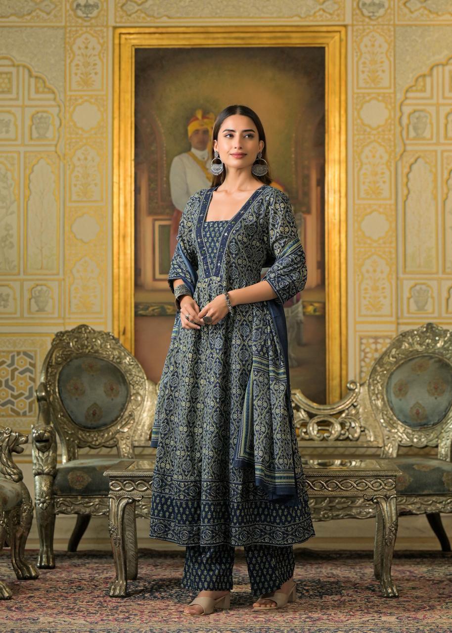 Jaipuri Cotton Anarkali Blue 3pc Set