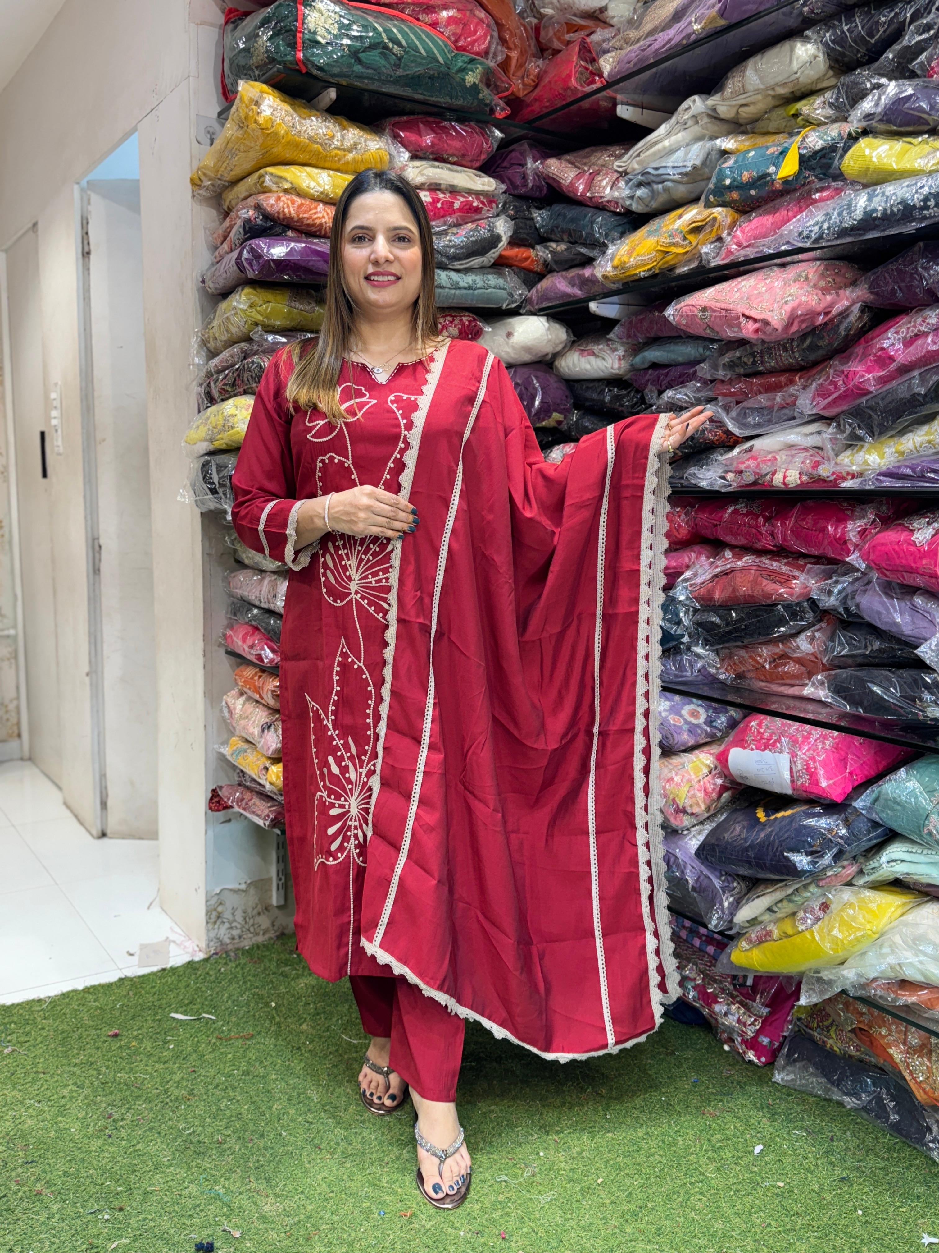 Cotton Silk Maroon 3pc Set