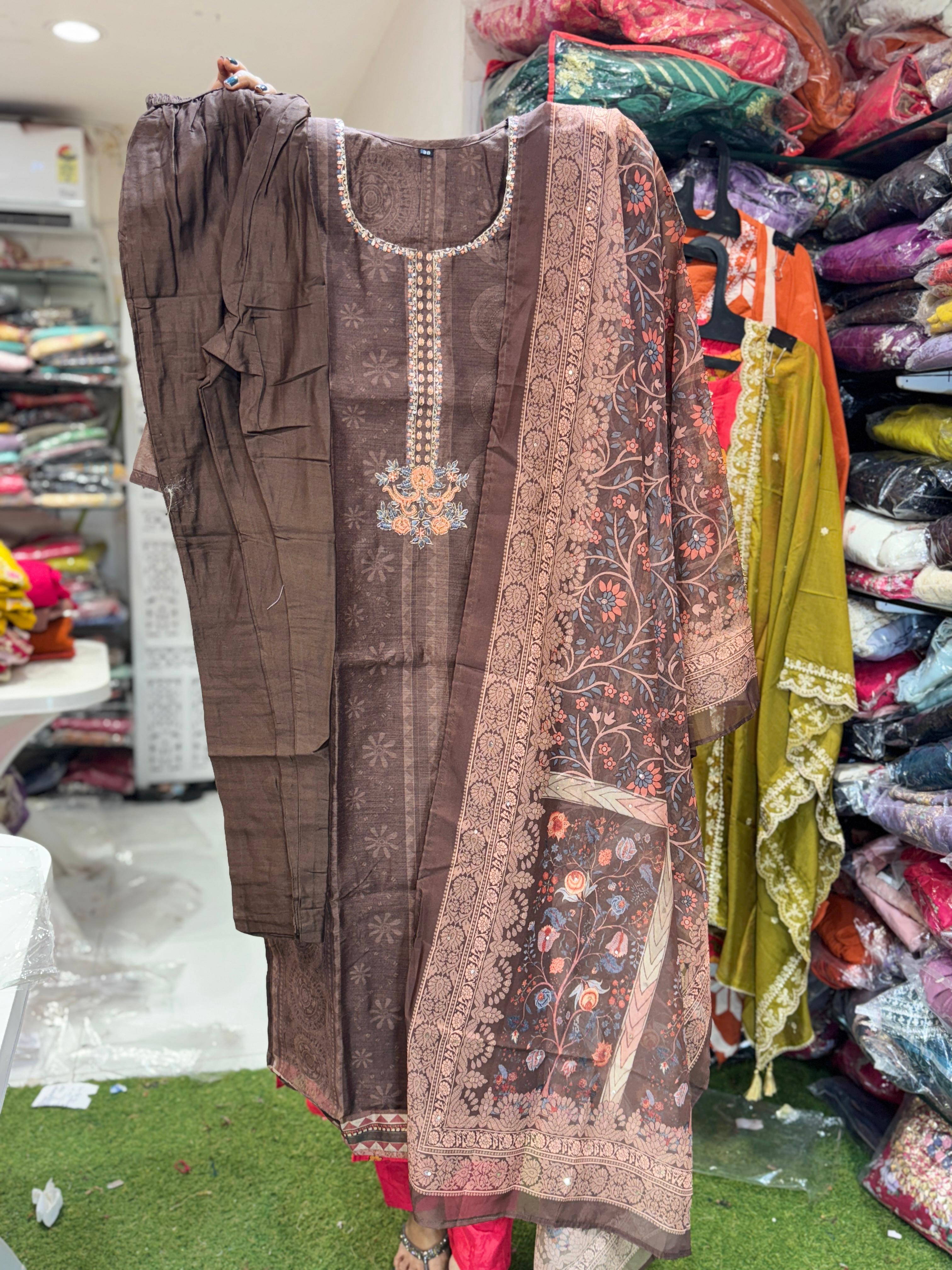 Maheshwari Silk Dark Brown 3pc Set