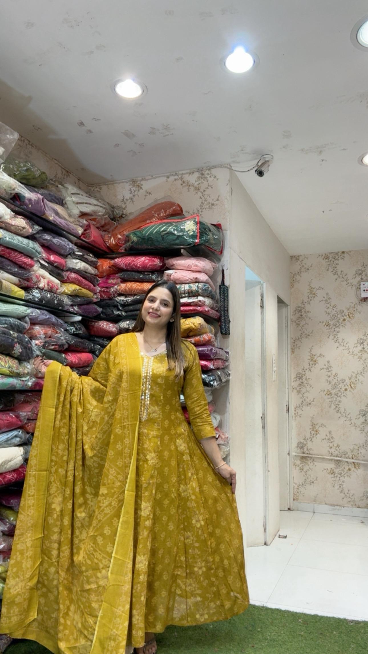 Mull Cotton Anarkali Yellow 3pc Set