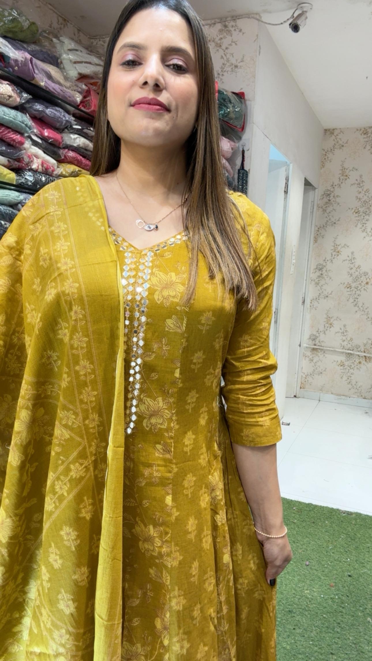 Mull Cotton Anarkali Yellow 3pc Set