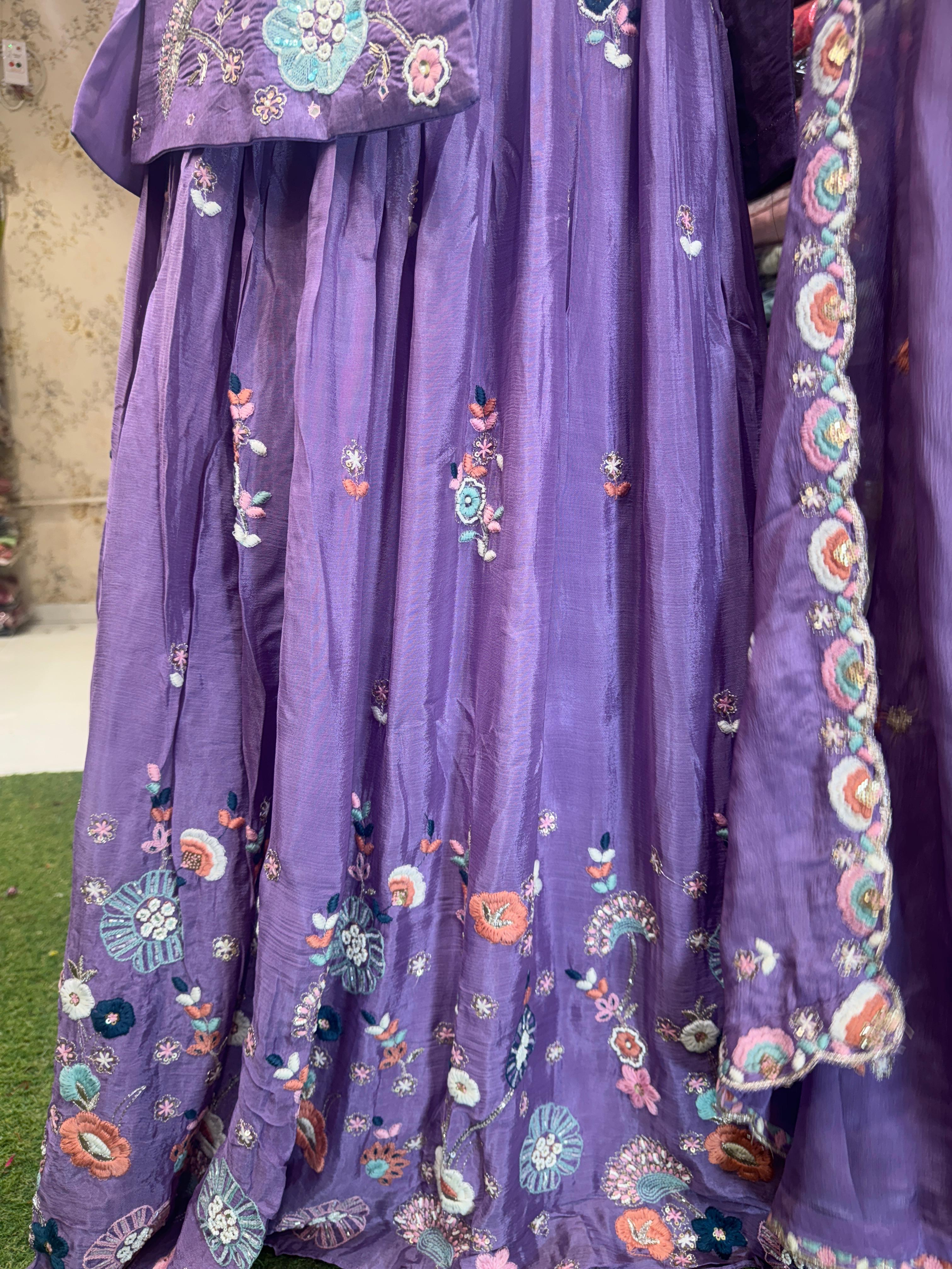 Pure Chinon Handwork Party Wear 4pc Set Purple Color