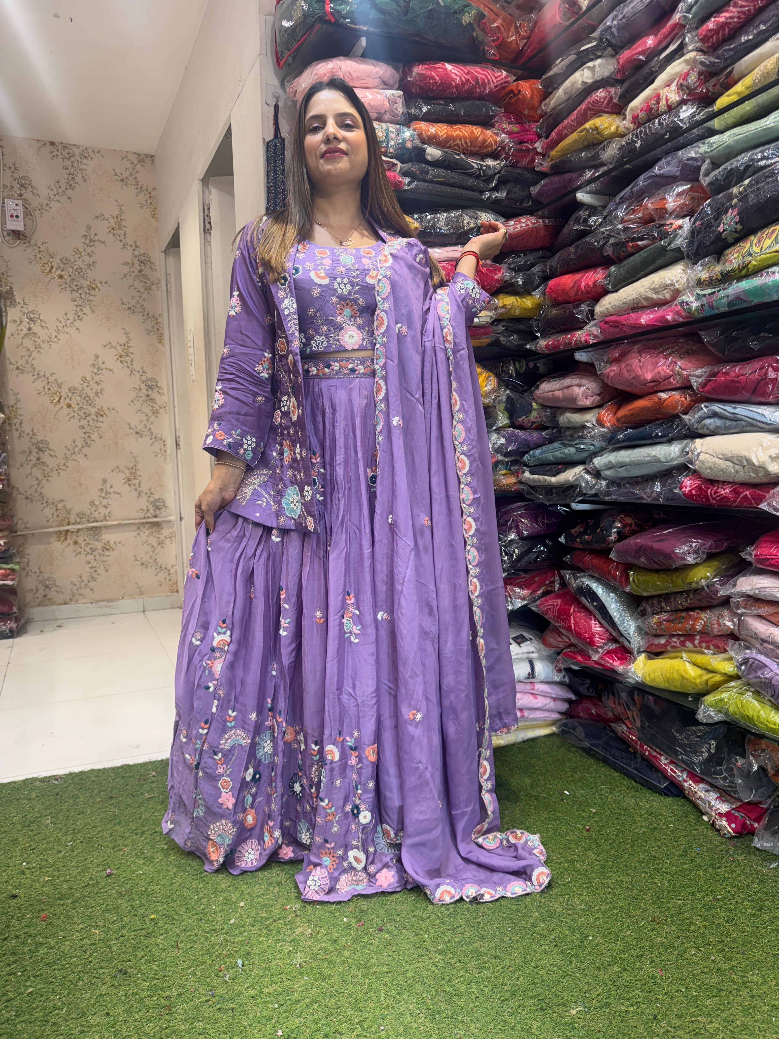 Pure Chinon Handwork Party Wear 4pc Set Purple Color