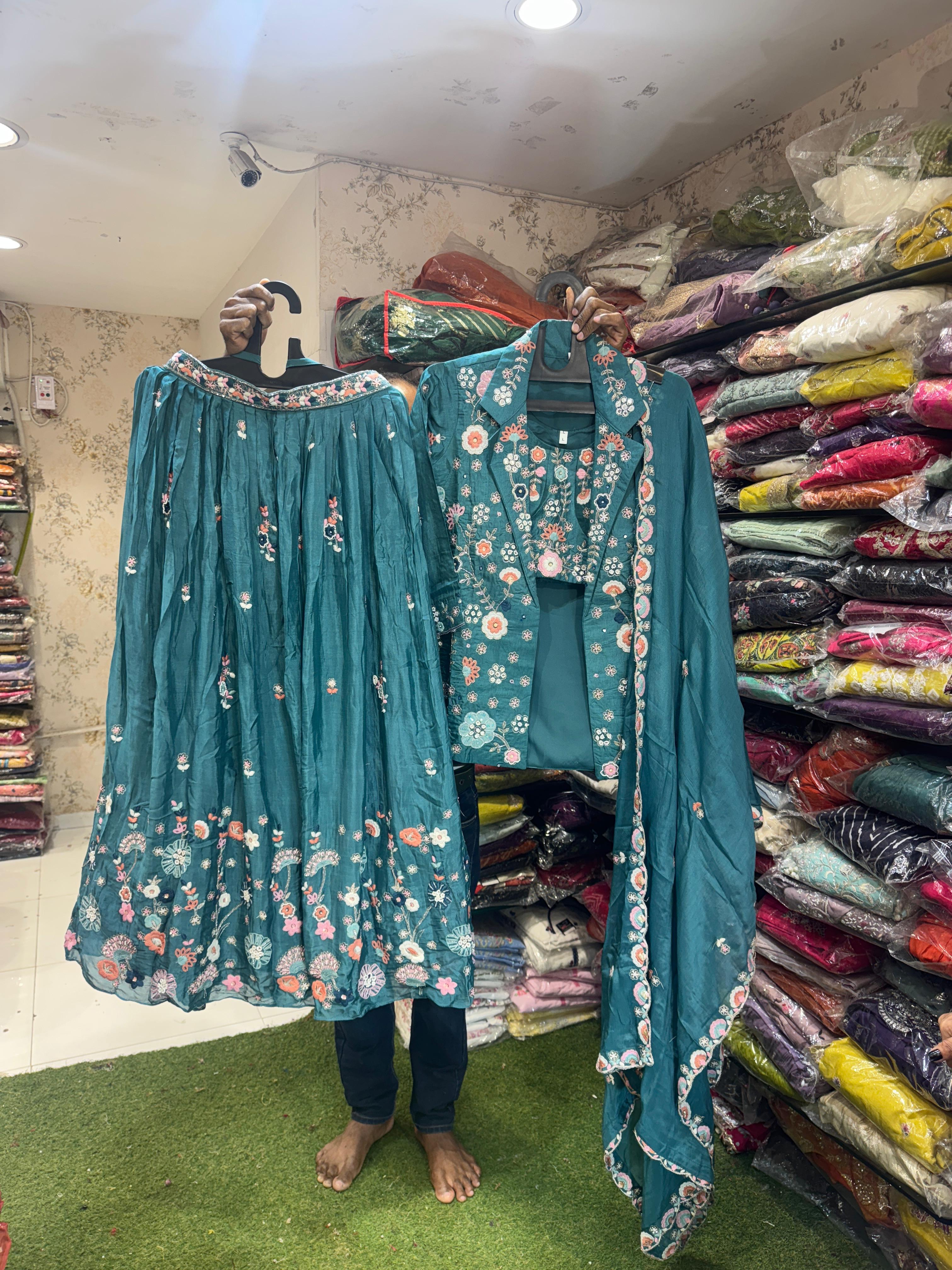 Pure Chinon Handwork Party Wear 4pc Set Sea Green Color