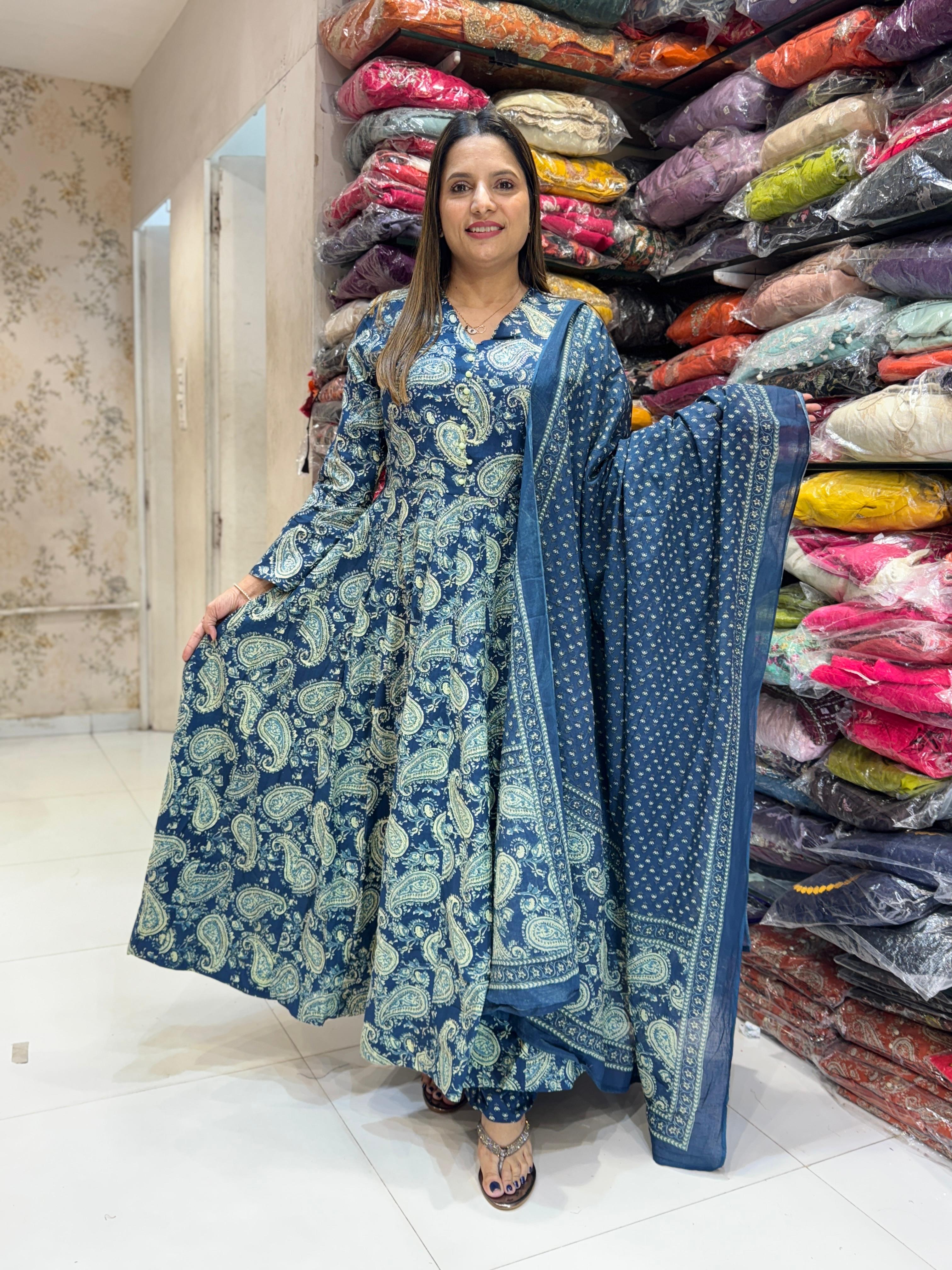 Cotton Anarkali Blue 3pc Set