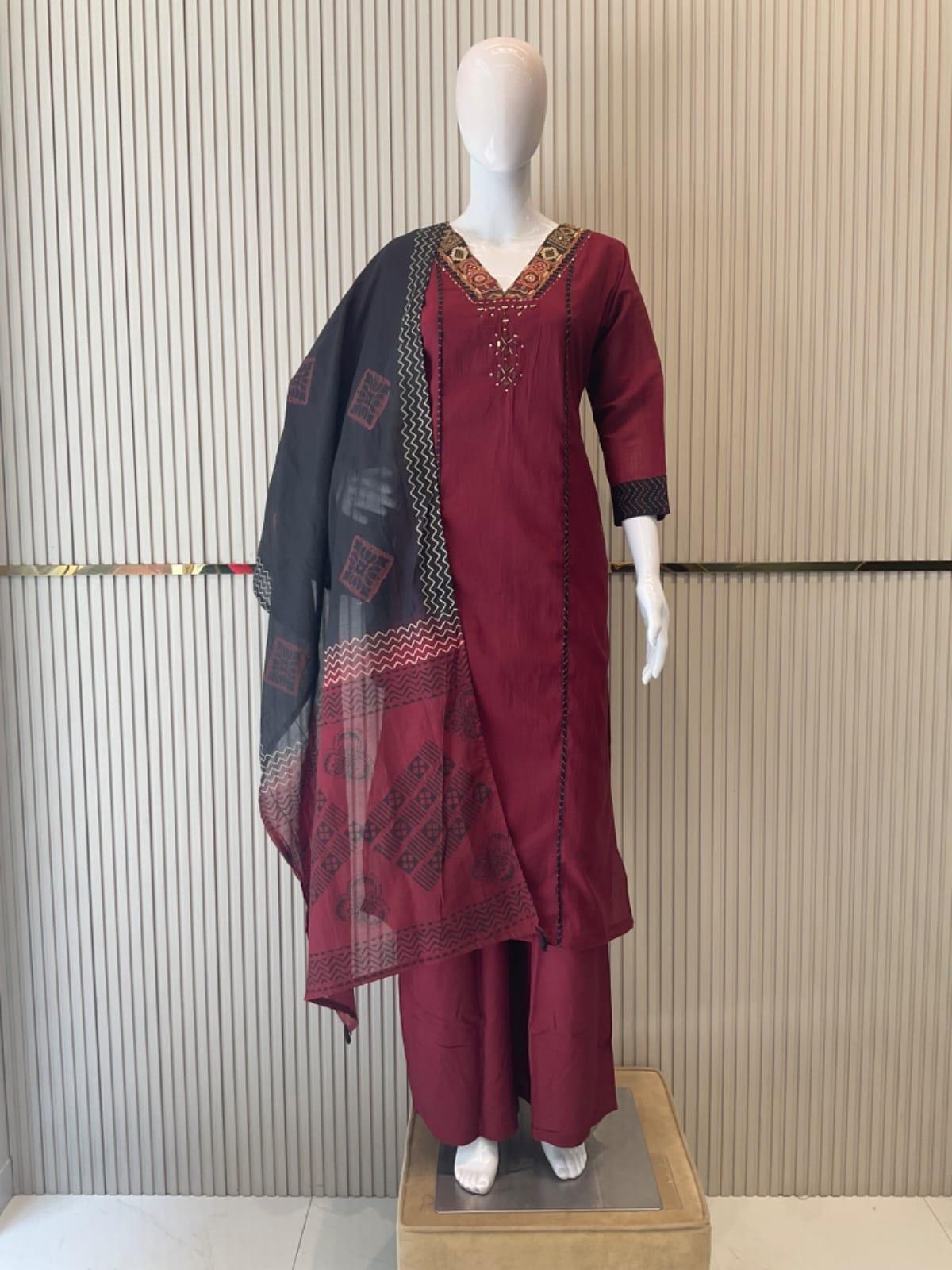 Mull Chanderi Maroon 3pc Set