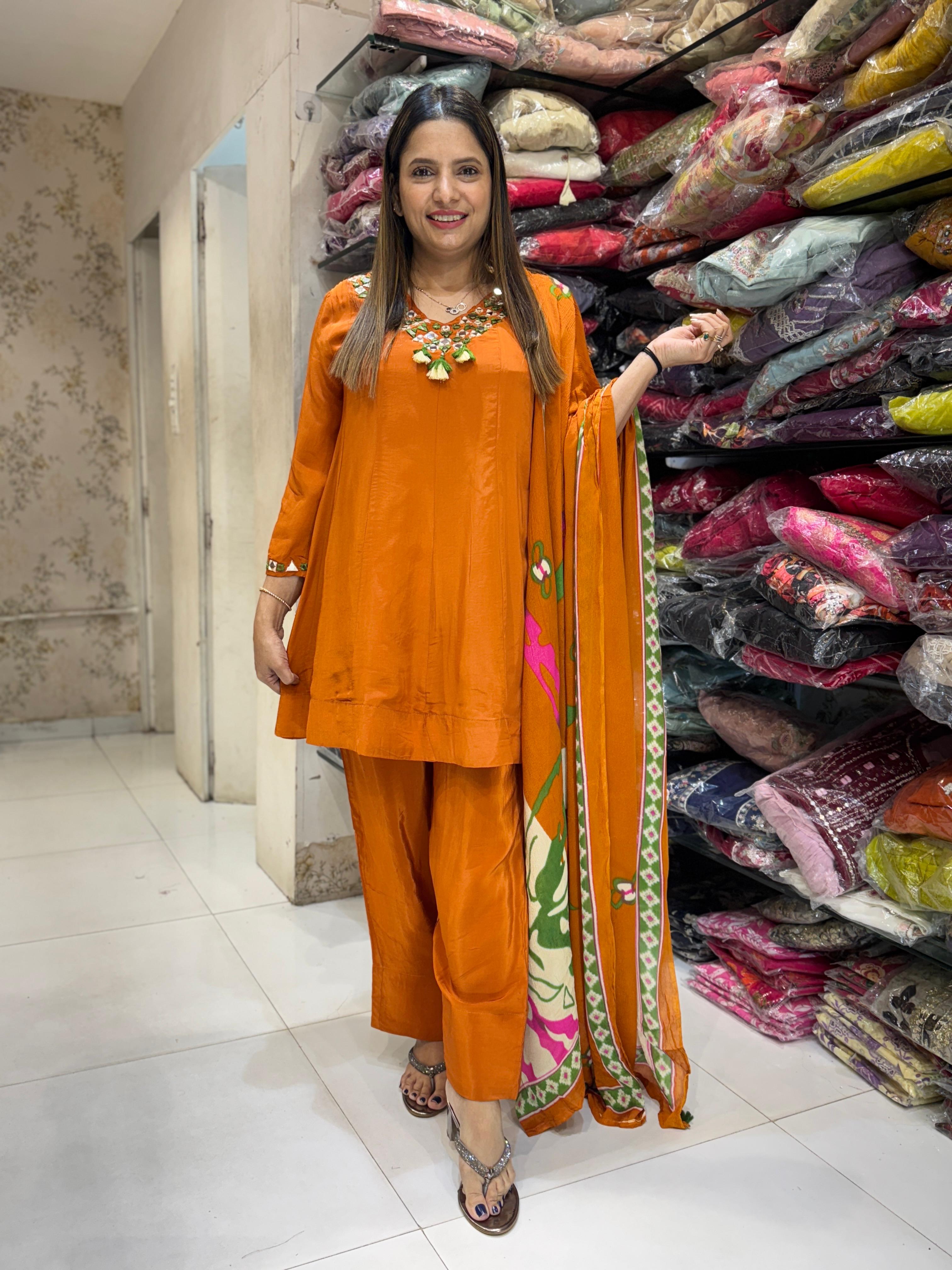 Crep Farsi Salwar Orange 3pc Set
