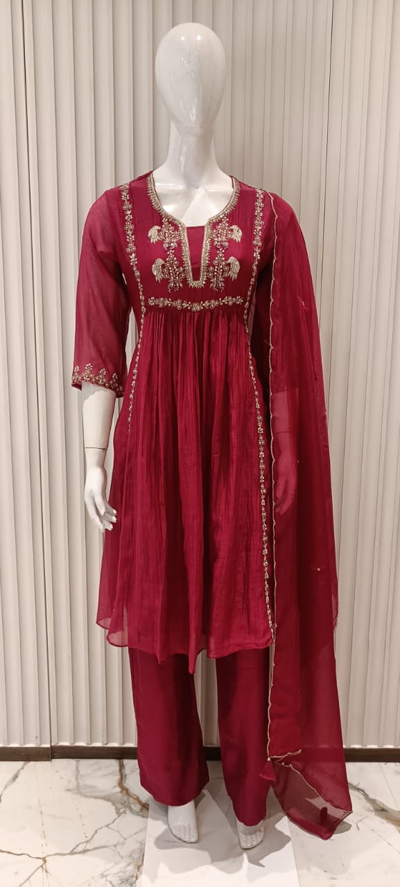 Banaras Mull Chanderi Cherry Red 3pc Set