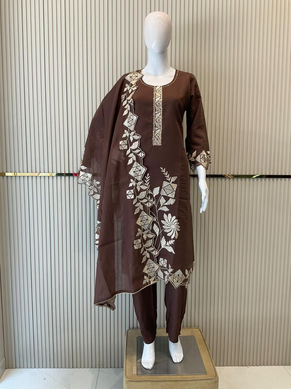 Mull Chanderi Brown 3pc Set