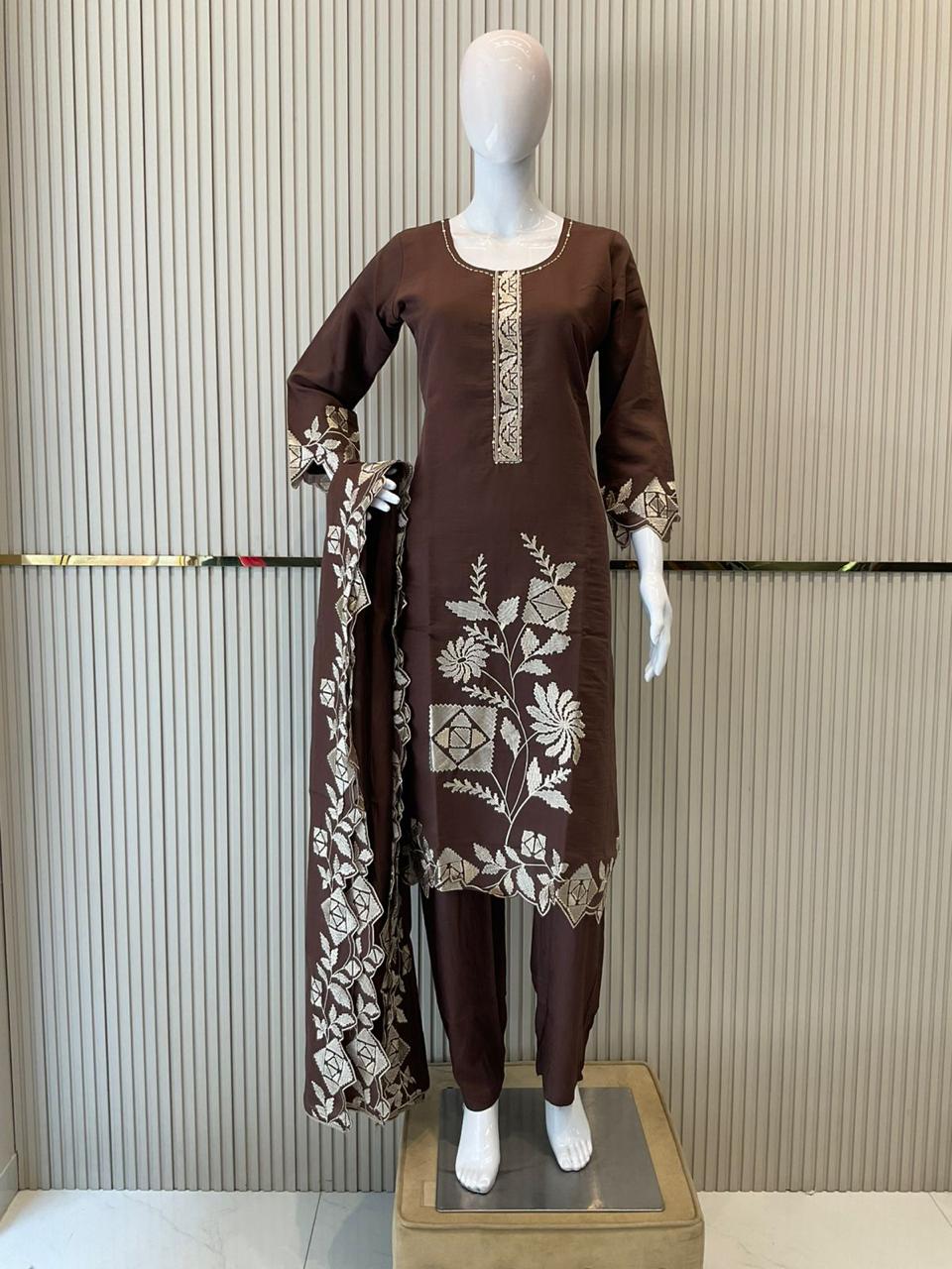 Mull Chanderi Brown 3pc Set