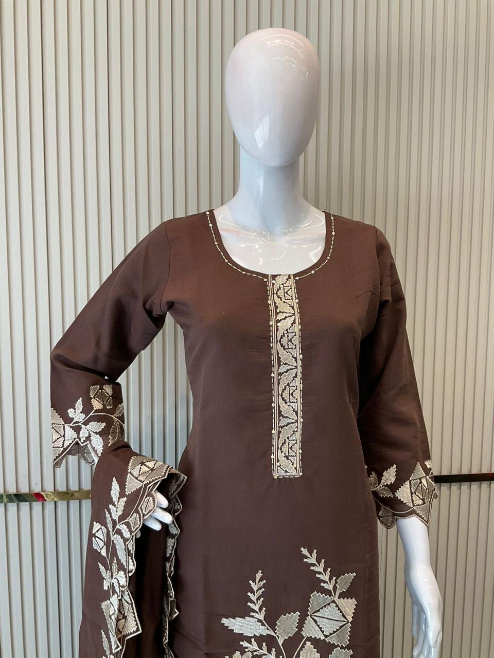 Mull Chanderi Brown 3pc Set