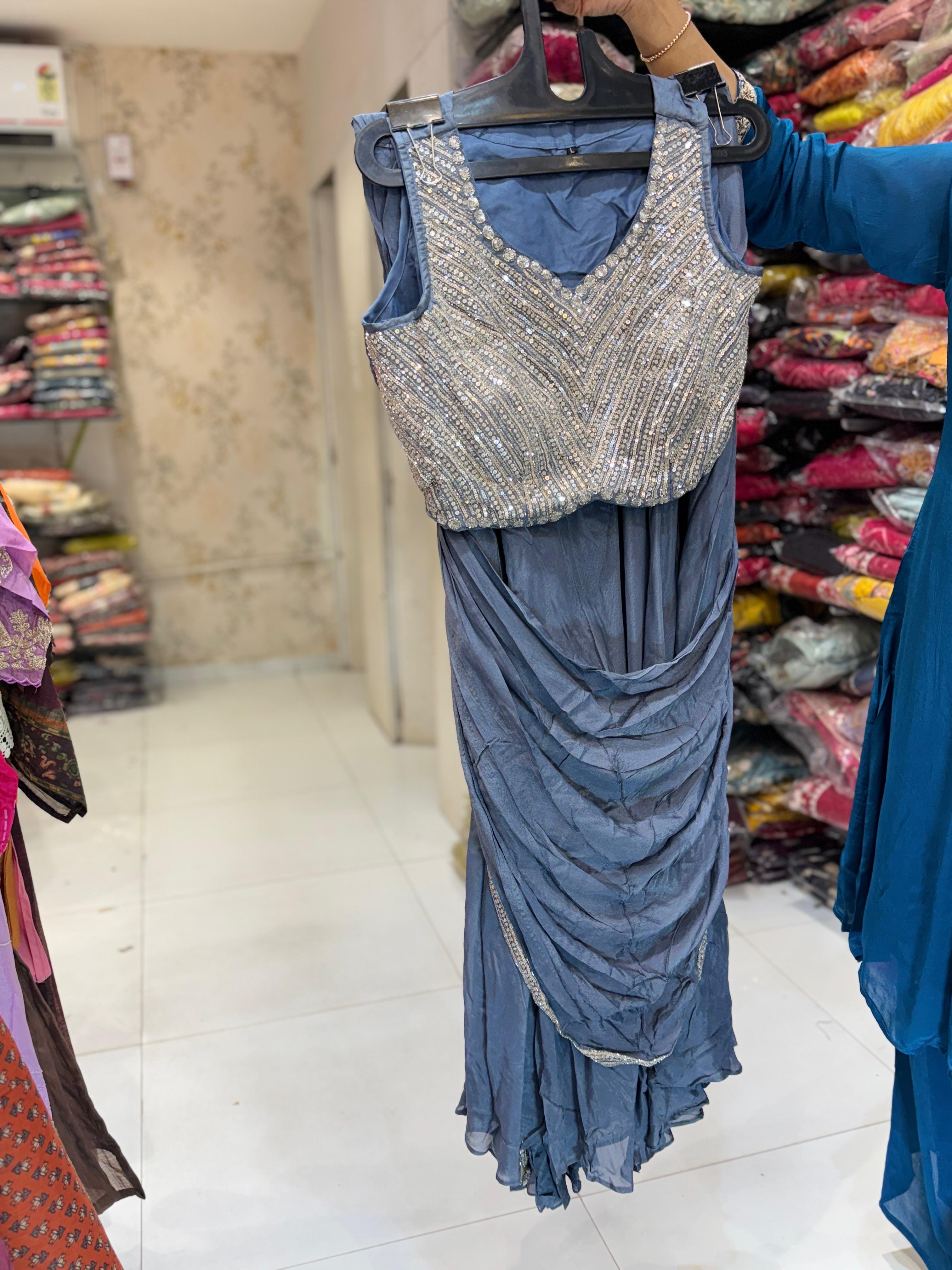 Chinon Steal Gray Drep Saree