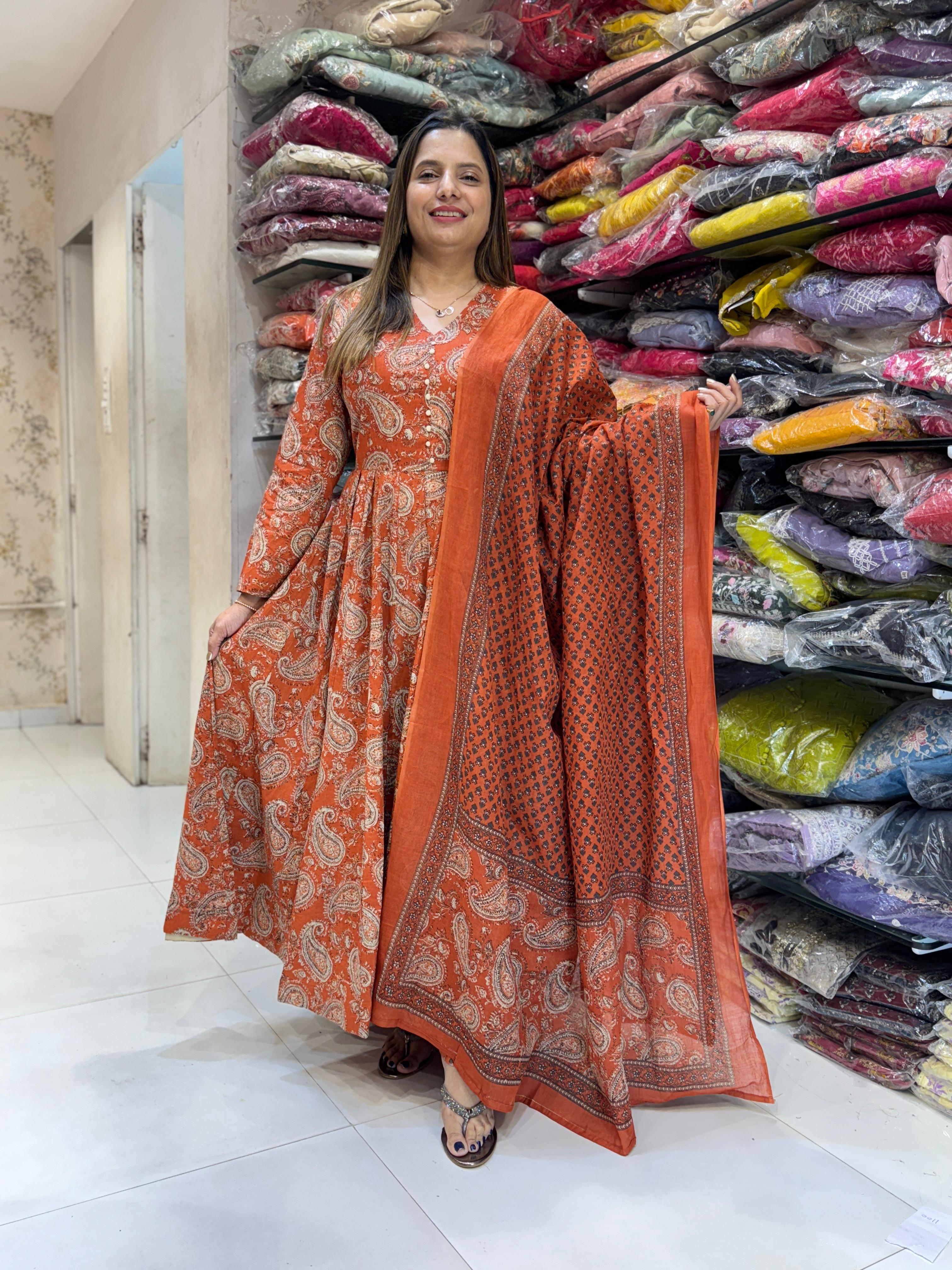 Cotton Orange Anarkali 3pc Set