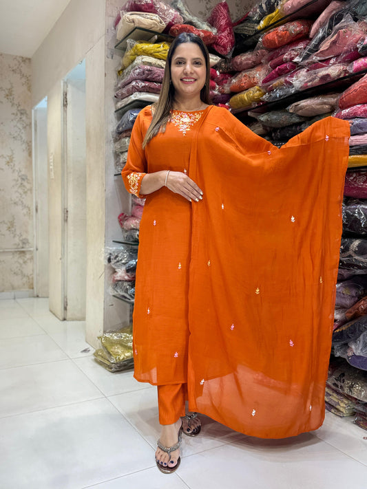 Mull Chanderi Orange 3pc Set After 20 Days Dispatch