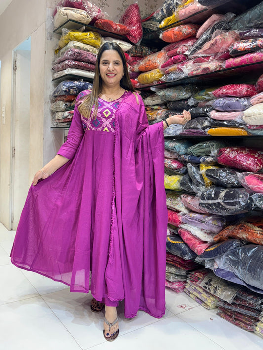 Mull Cotton Anarkali Purple 3pc Set