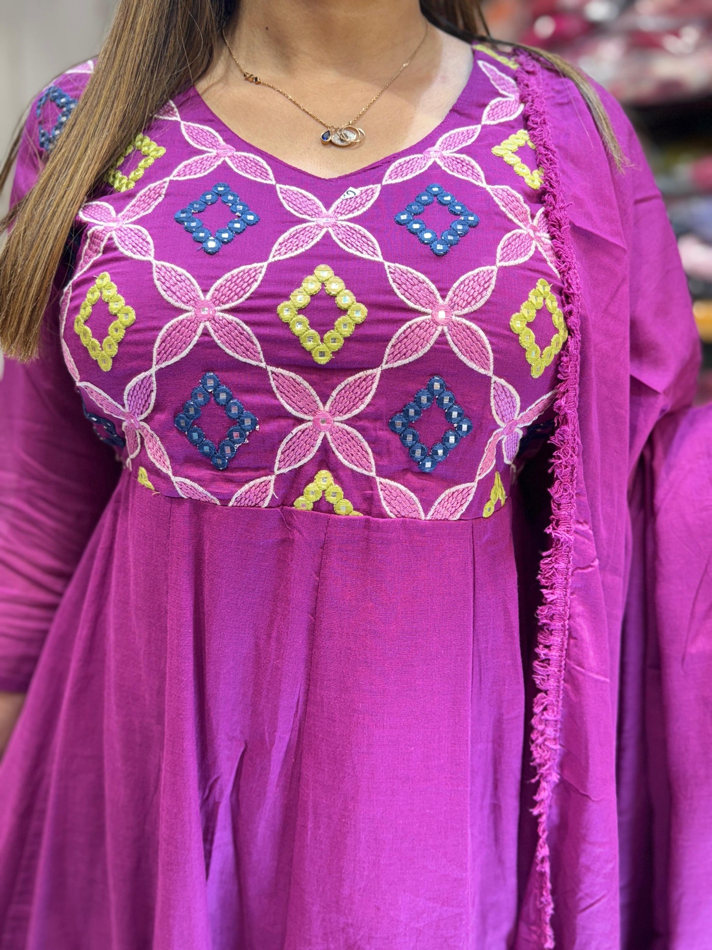 Mull Cotton Anarkali Purple 3pc Set