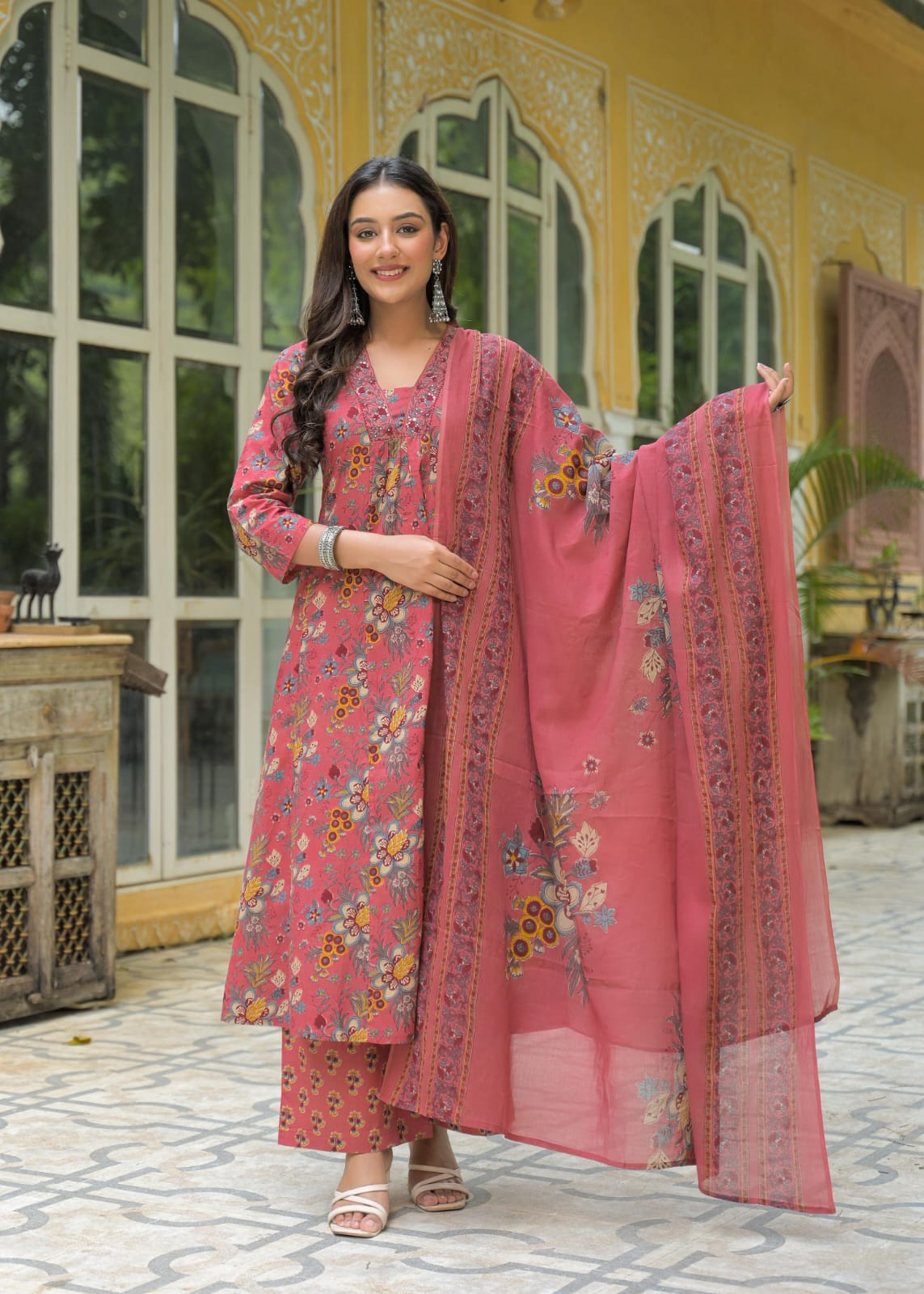 Cotton Almond Pink A Line Anarkali 3pc Set