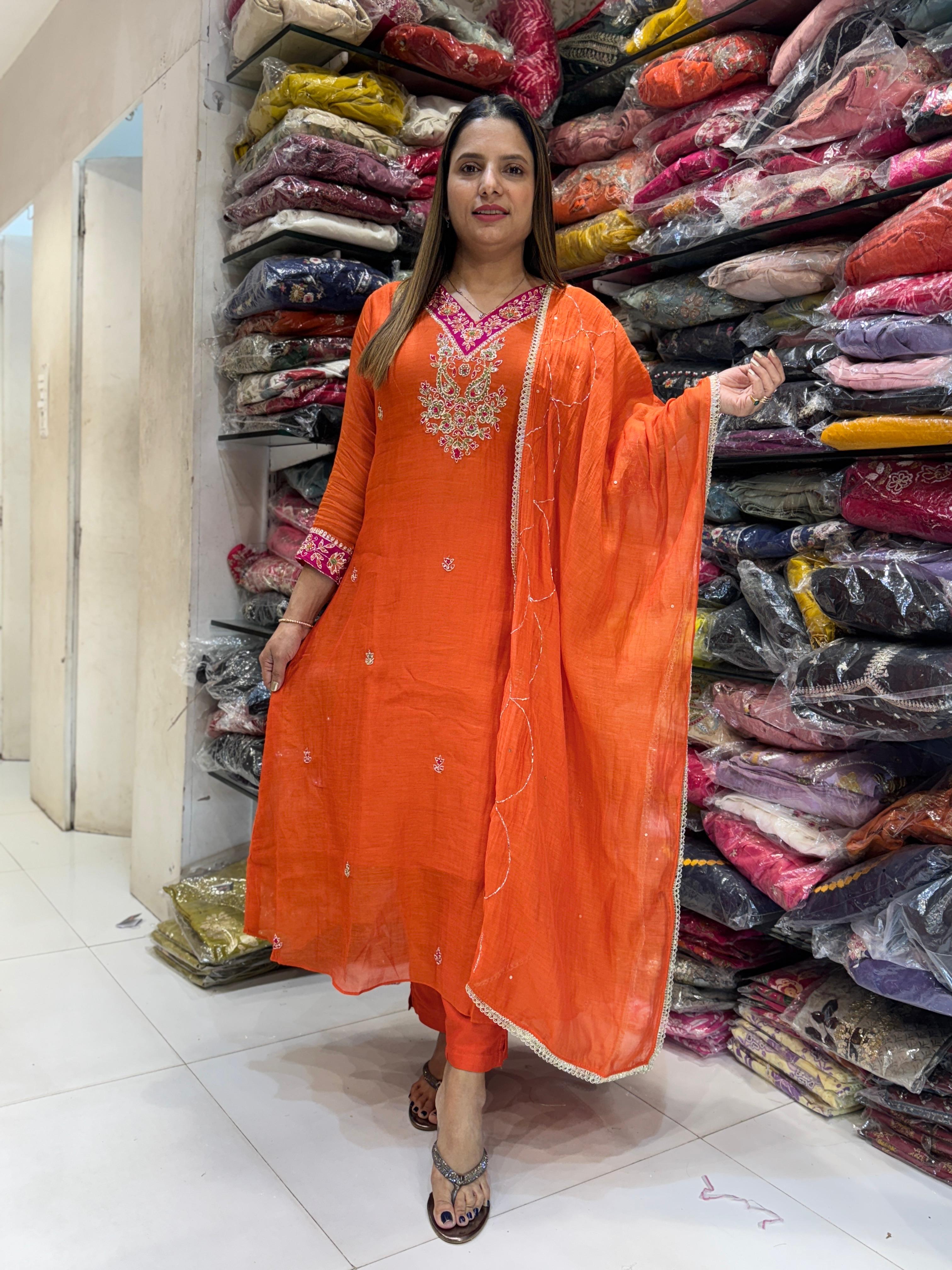 Banaras Mull Chanderi Orange 3pc Set