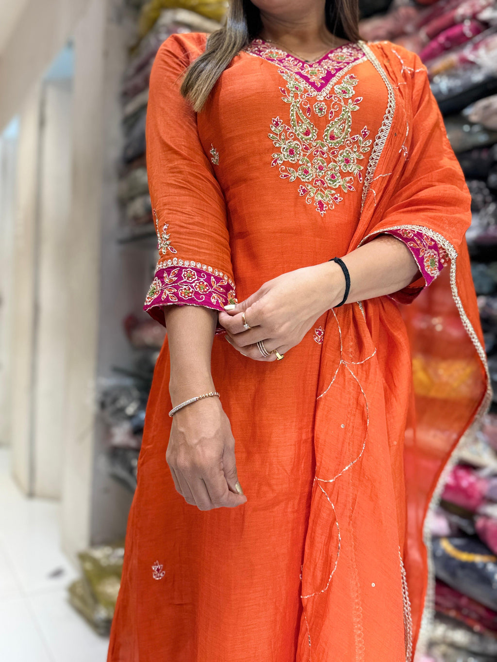 Banaras Mull Chanderi Orange 3pc Set