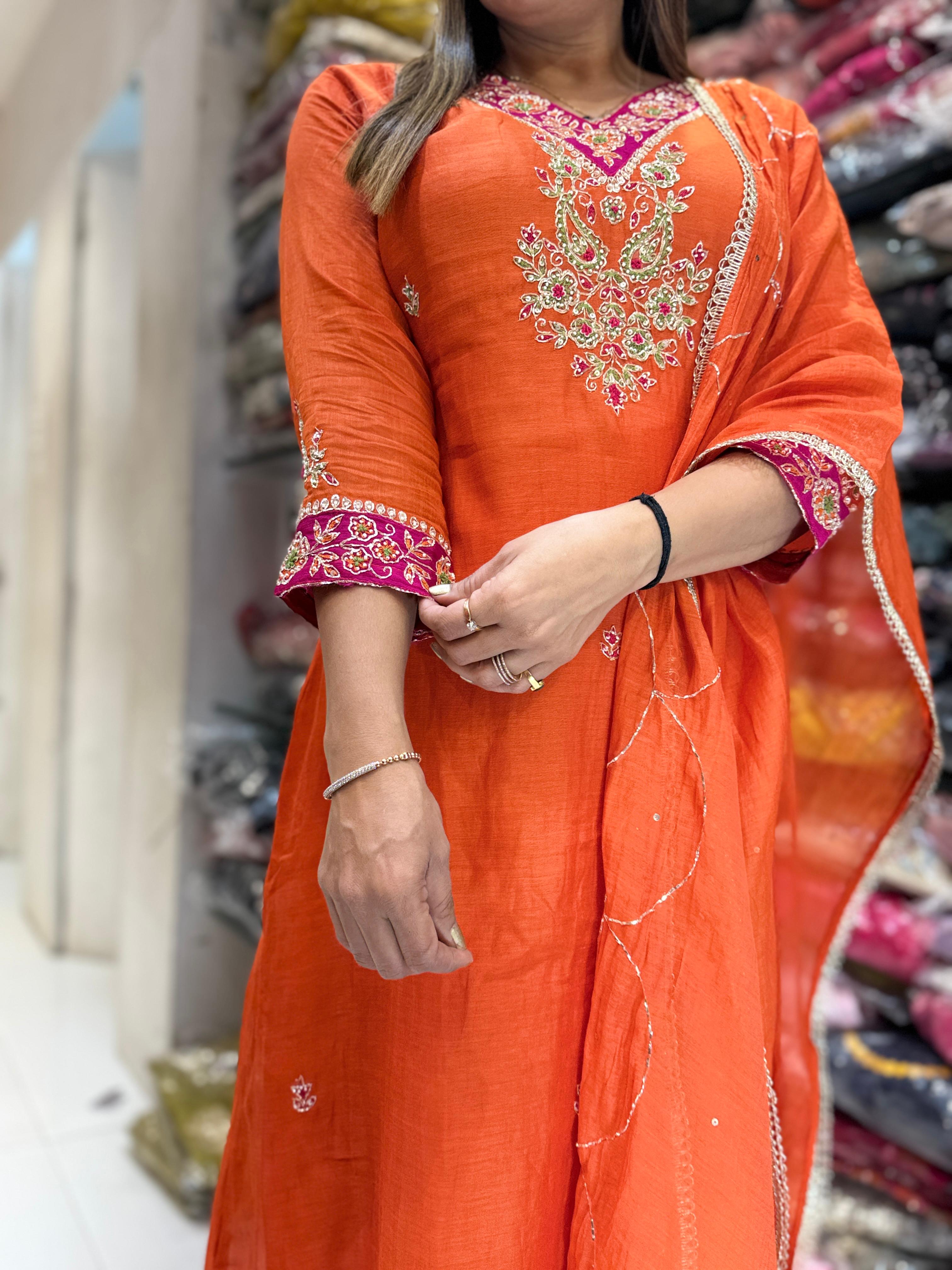 Banaras Mull Chanderi Orange 3pc Set