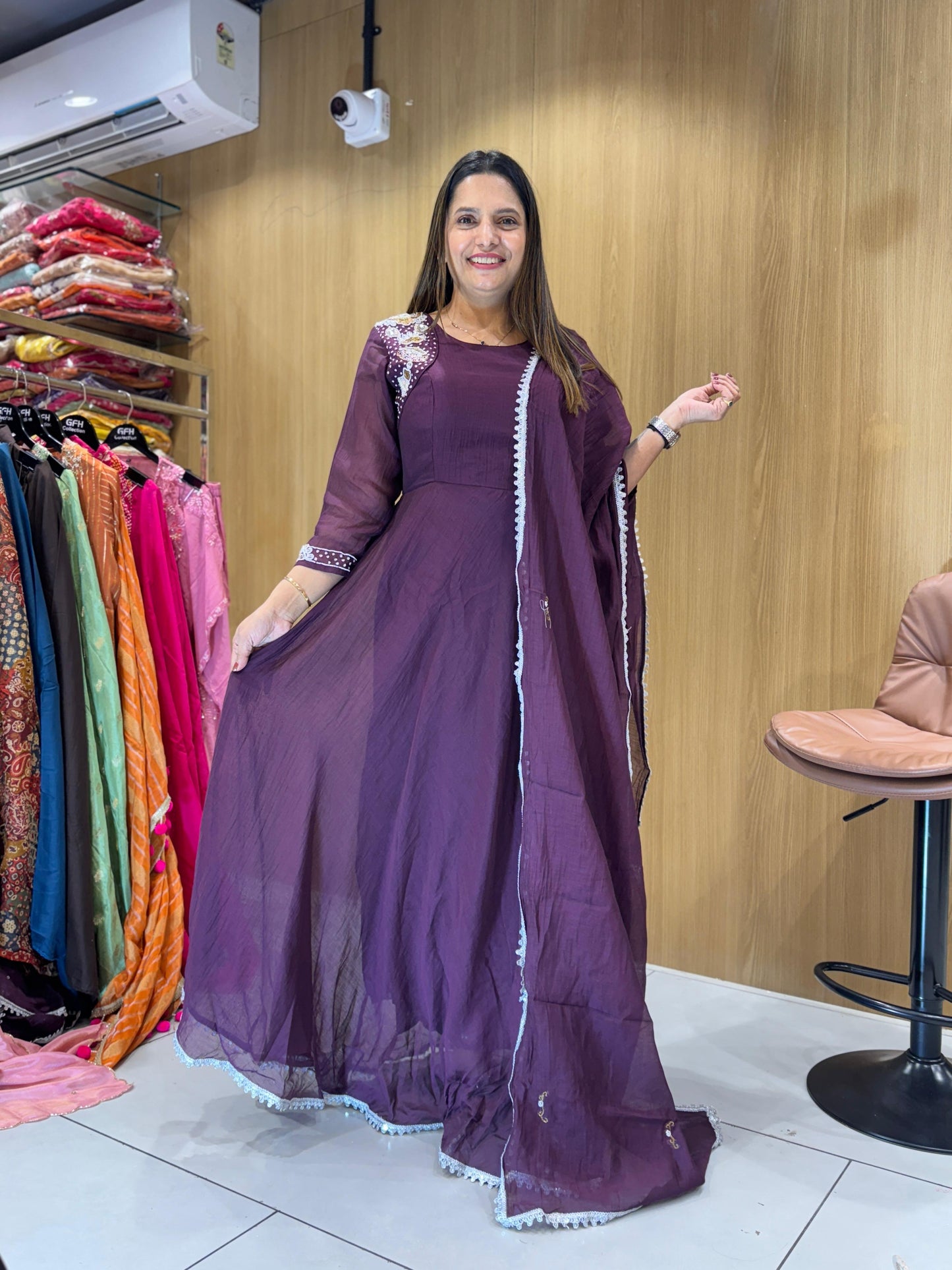 Banaras Mull Chanderi Anarkali Wine 3pc Set