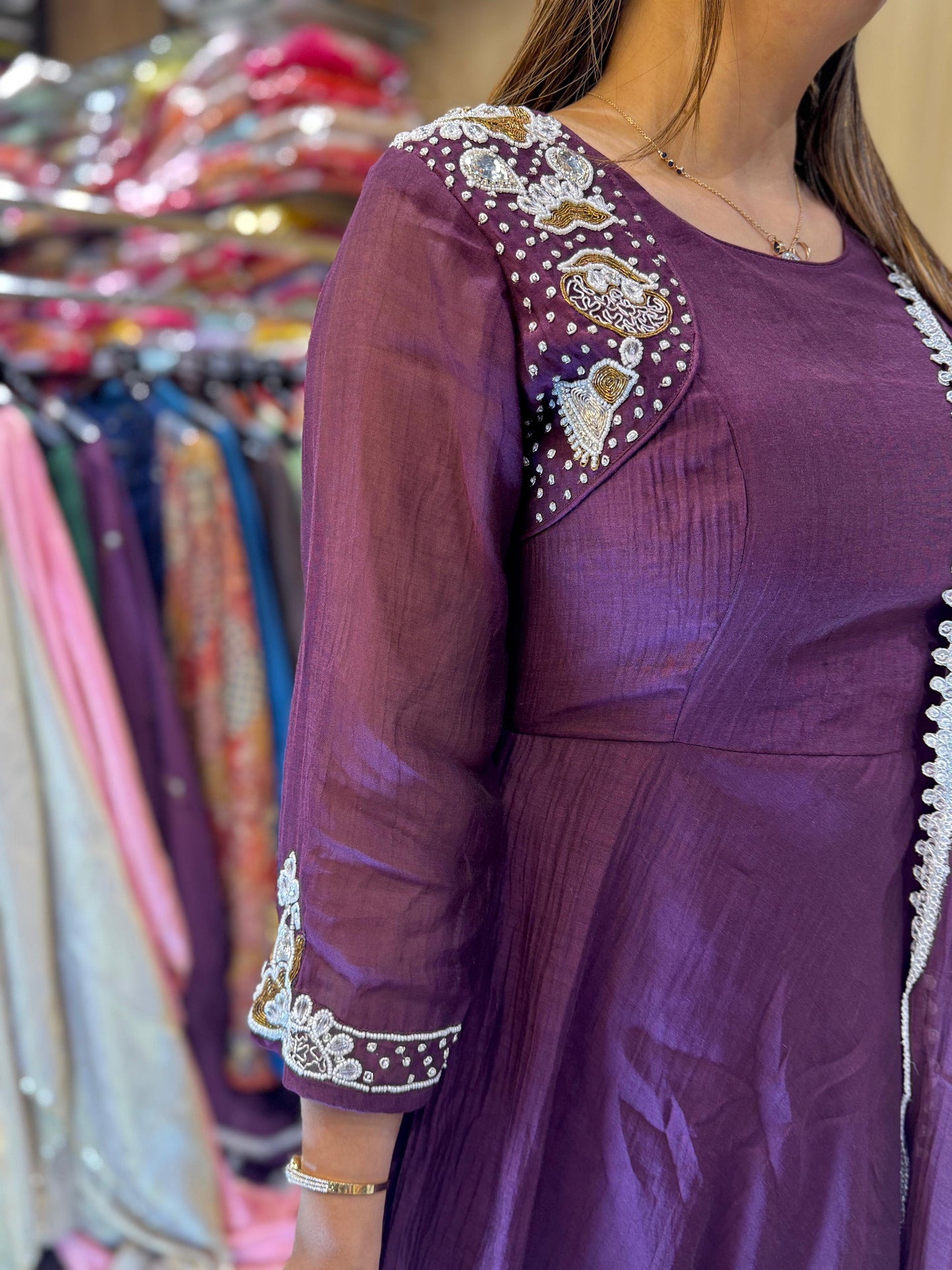 Banaras Mull Chanderi Anarkali Wine 3pc Set