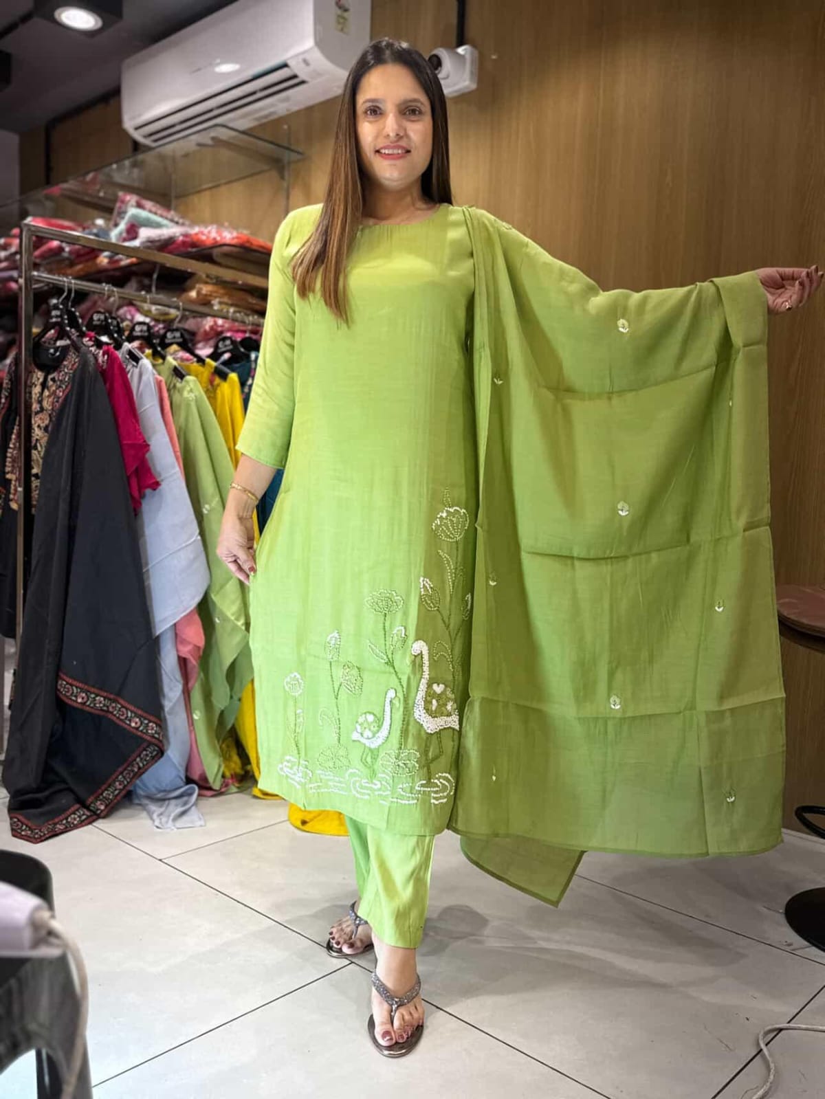 Mull Chanderi Pista Green 3pc Set