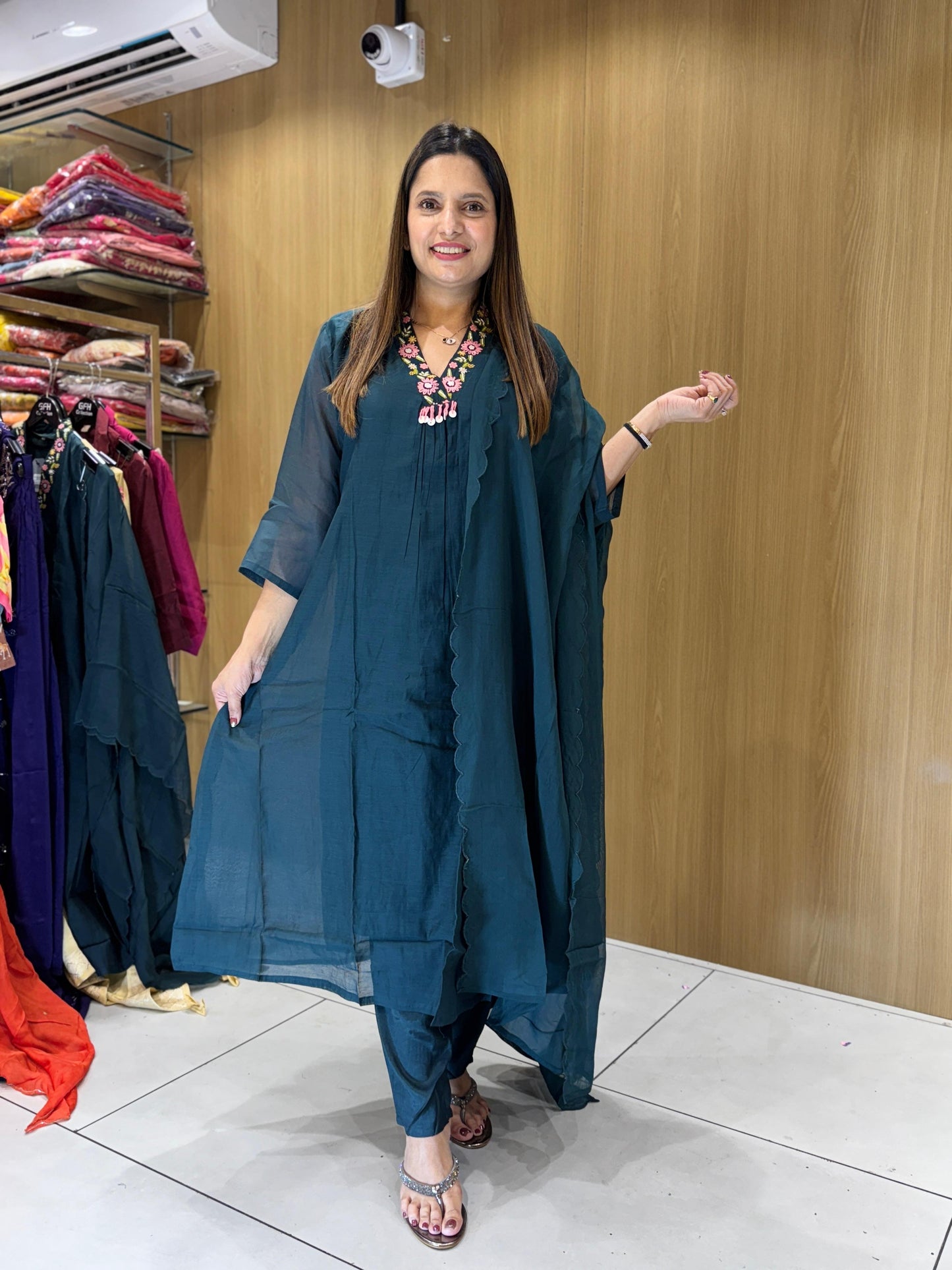 Banaras Mull Chanderi Bottle Green 3pc Set