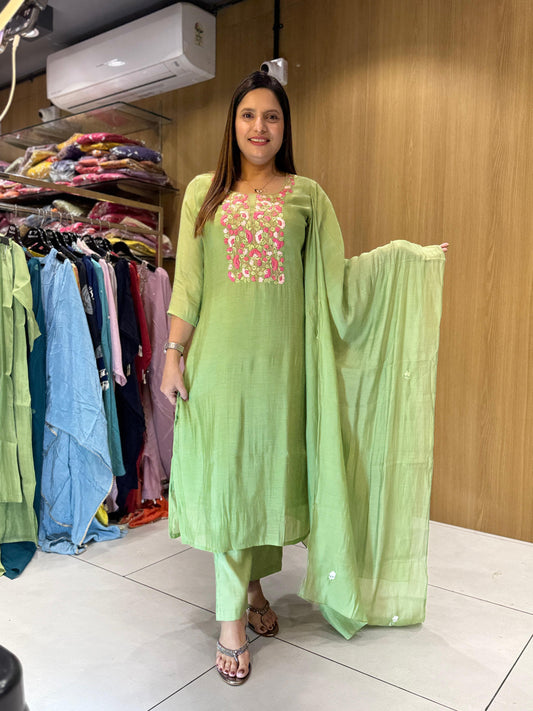 Mull Chanderi Pista Green 3pc Set