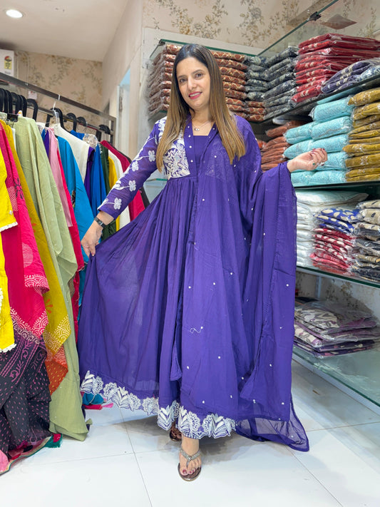 Mull Cotton Anarkali Purple 3pc Set