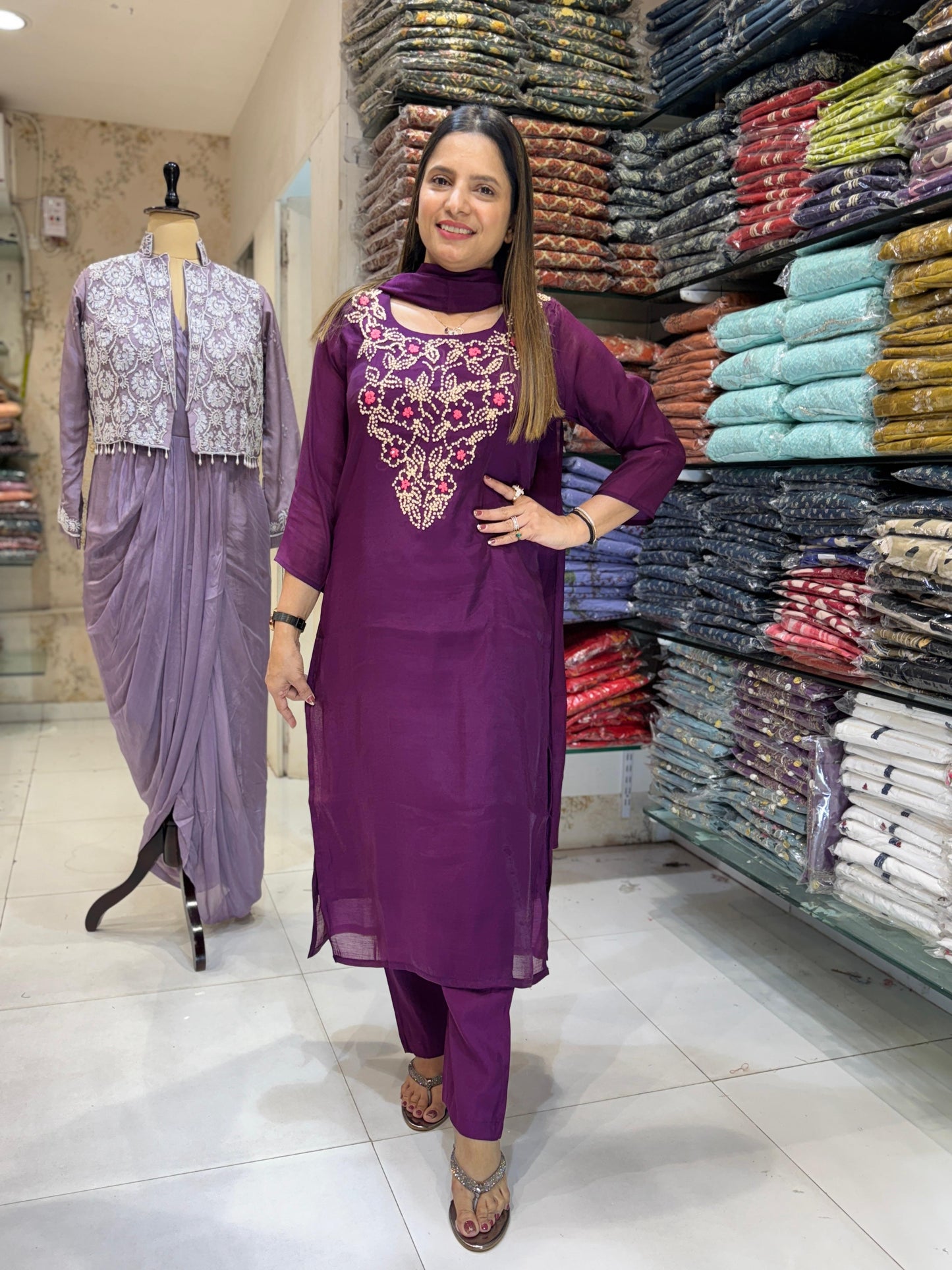 Mull Chanderi Wine 3pc Set