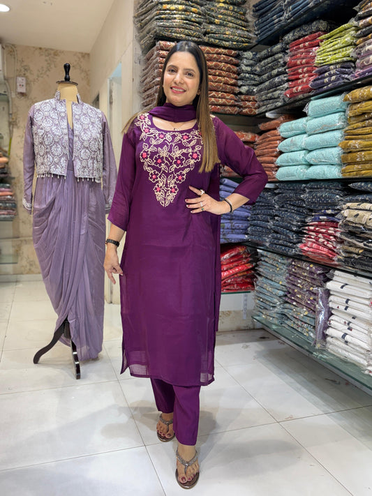 Mull Chanderi Wine 3pc Set