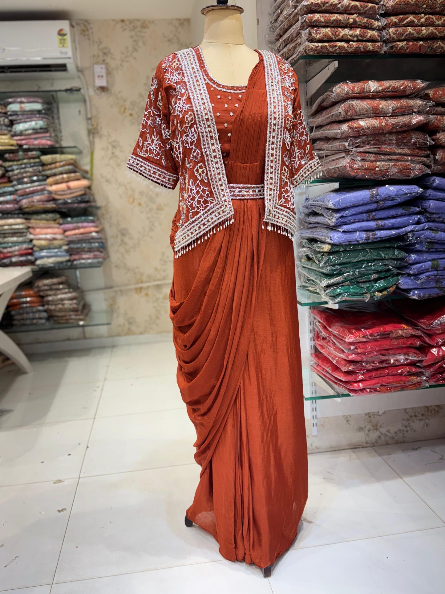 Chinon Rust Orange Drep Saree